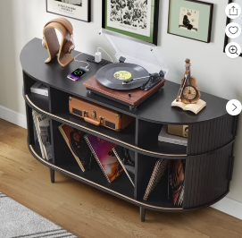 Wirrytor Large Round Record Player Stand with Charging Station & USB Ports，Record Storage Cabinet, Mid Century Modern Turntable Stand for Bedroom Living Room (Walnut)