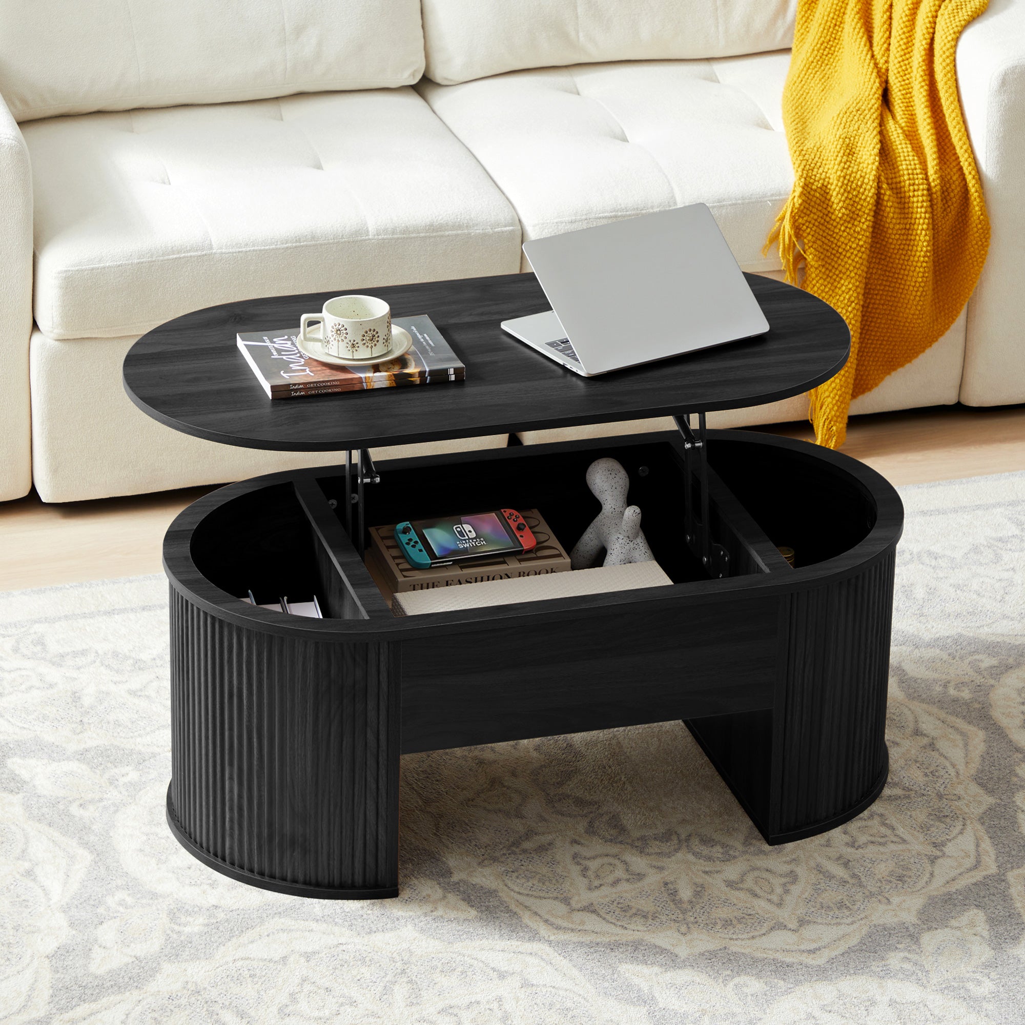 Wirrytor Lift Top Coffee Table with Storage and Open Storage Shelf, Oval Coffee Table for Living Room, Elliptical Arc Design, Fluted Center Table,  Finish & Spacious Storage,