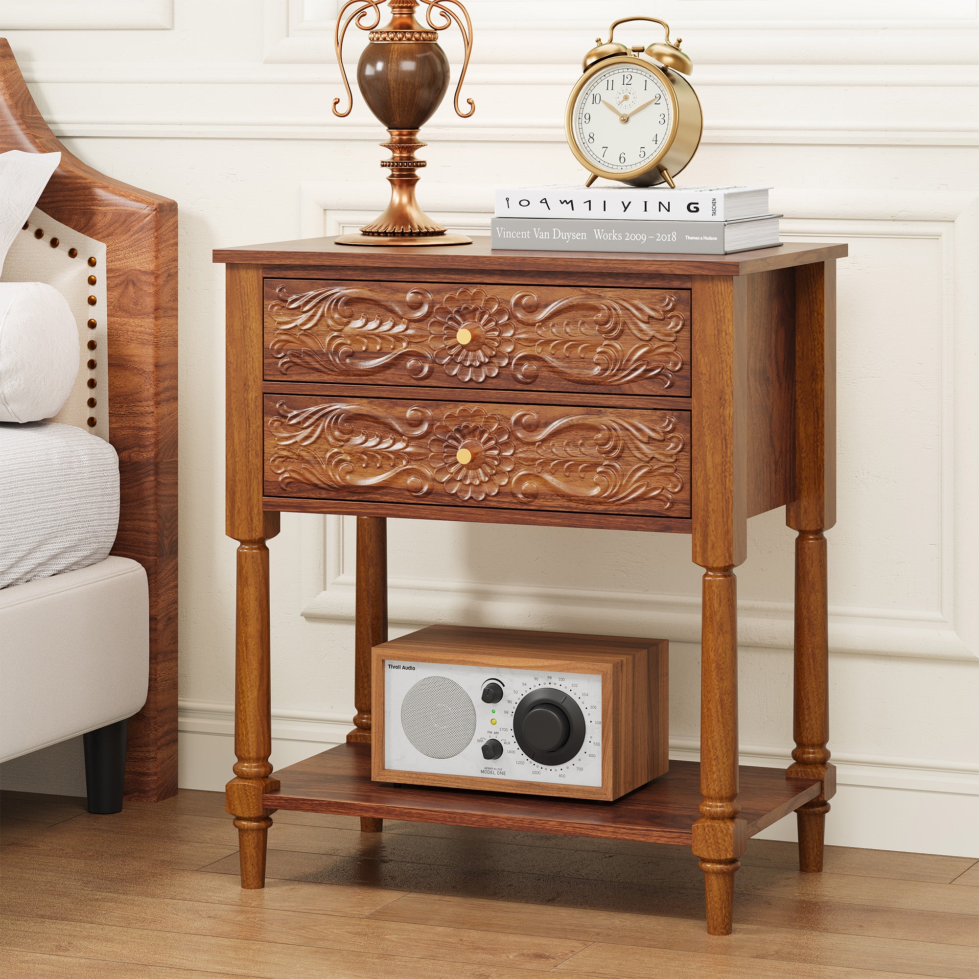 Wirrytor Vintage Wood 2-Drawer Tray Top Navy Blue Nightstand, Bedside Table 2 Drawer Dresser with Embossed Pattern, Storage End Table with Wooden Legs for Living Room