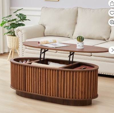 Wirrytor Lift Top Oval Coffee Table with Hidden Storage Compartment and Shelf for Living Room, Fluted Oval Center Tea Table with Wooden Lift-Top for Apartment, Small Space,