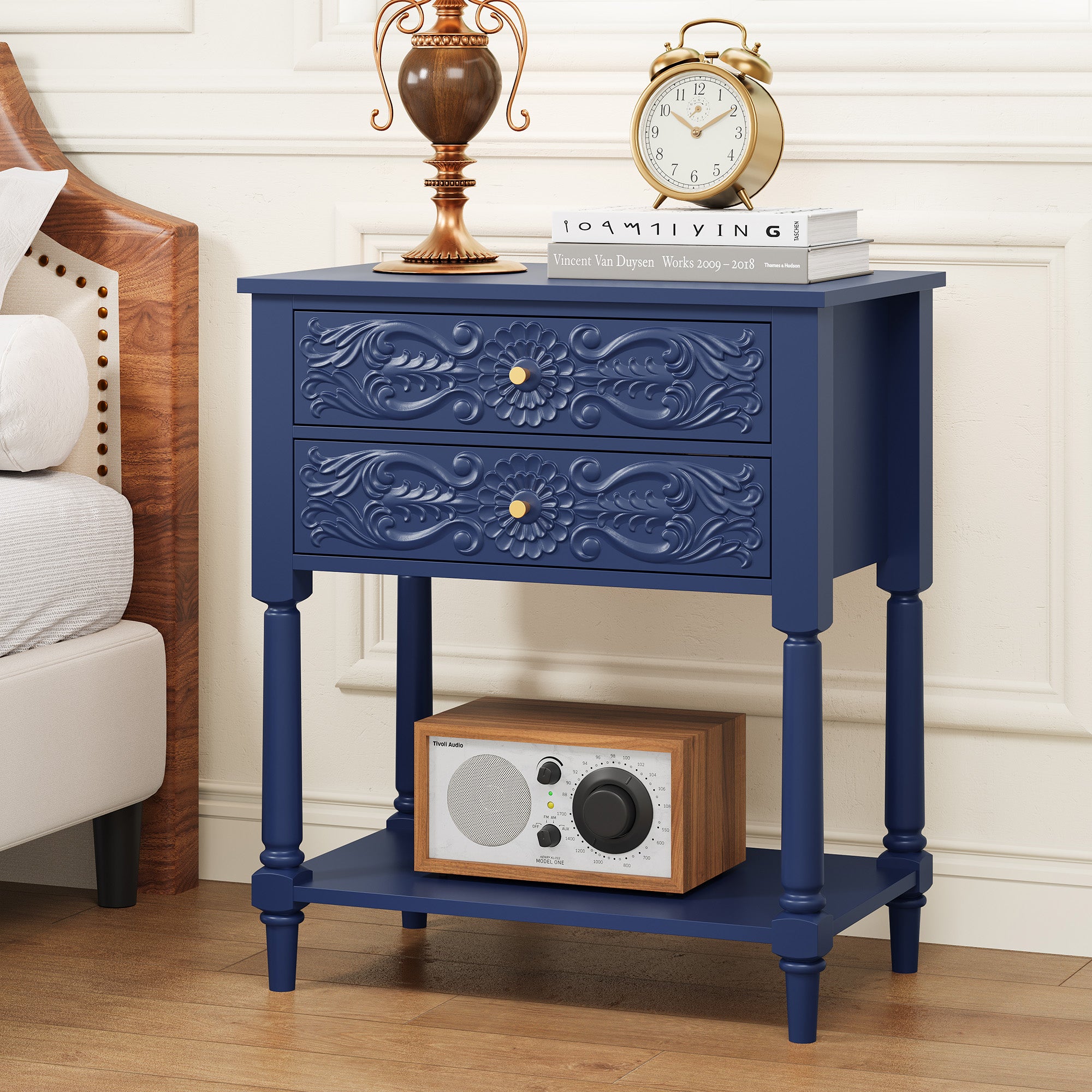 Wirrytor Vintage Wood 2-Drawer Tray Top Navy Blue Nightstand, Bedside Table 2 Drawer Dresser with Embossed Pattern, Storage End Table with Wooden Legs for Living Room