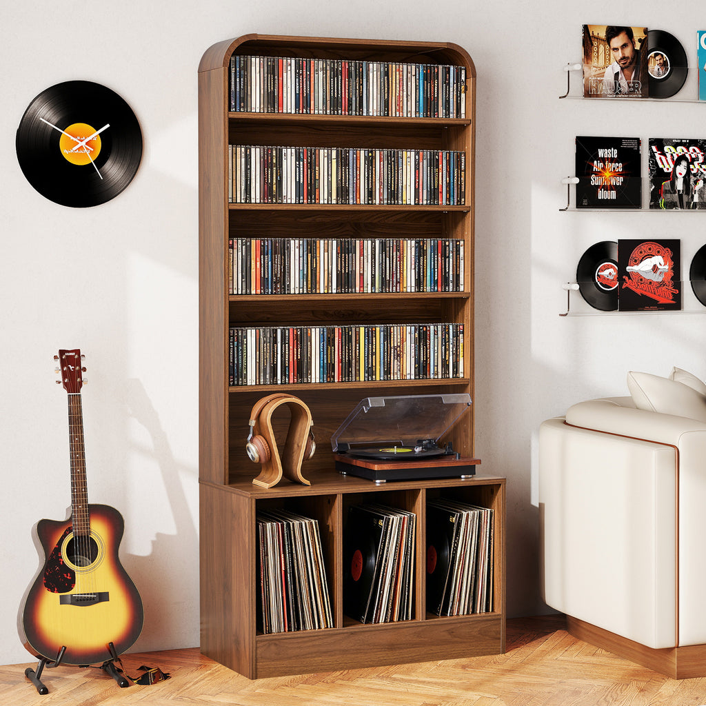 WIRRYTOR Mid Century Modern Curved Record Player Stand, Retro 3-Compartment Vinyl Storage Turntable Stand for 100+ Albums, Walnut Record Cabinet