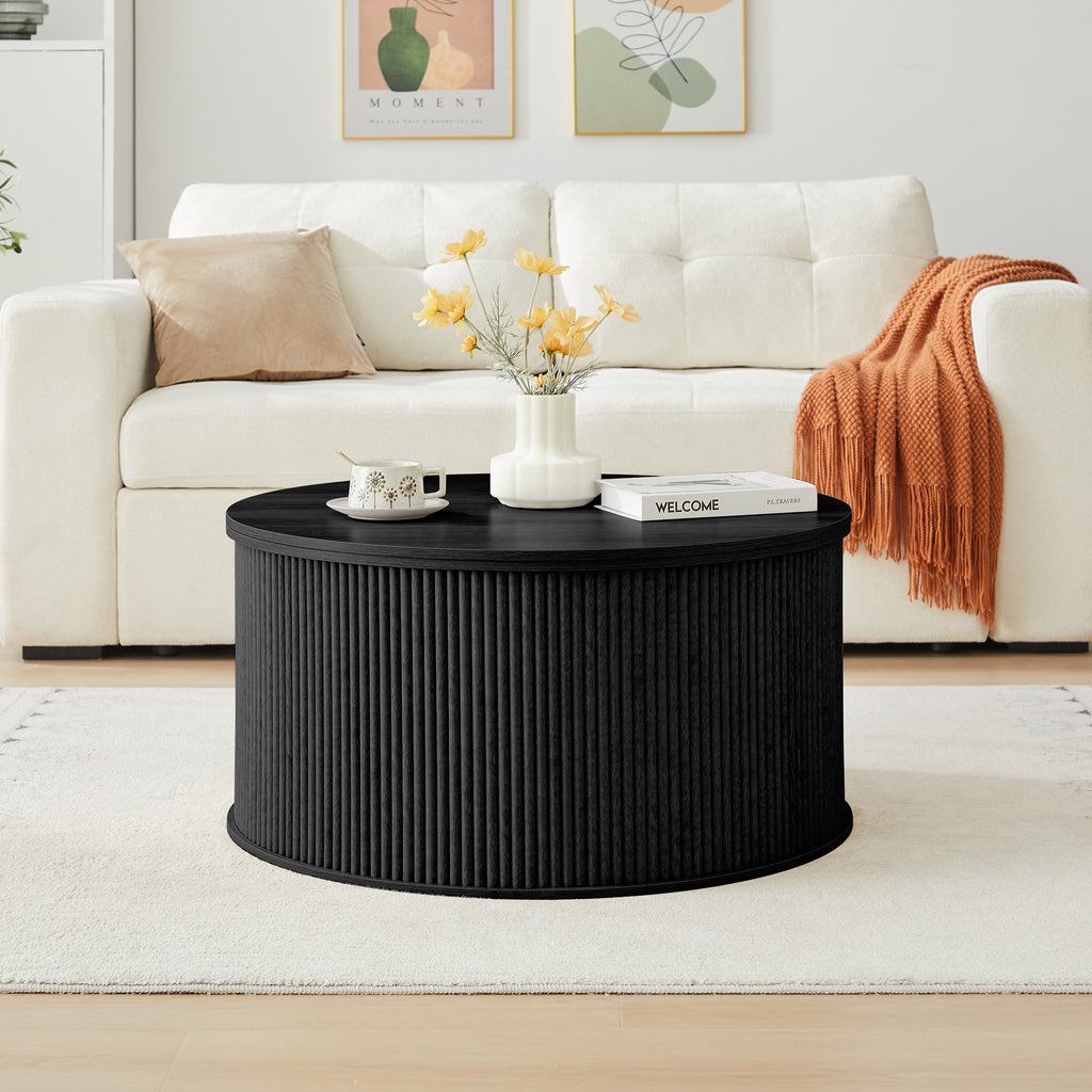 Wirrytor 31 inches Round Lift Top Coffee Table with Storage and Flip Top, Fluted Center Table for Living Room, Wood Coffee Table with Hidden Compartment, Round Arc Design