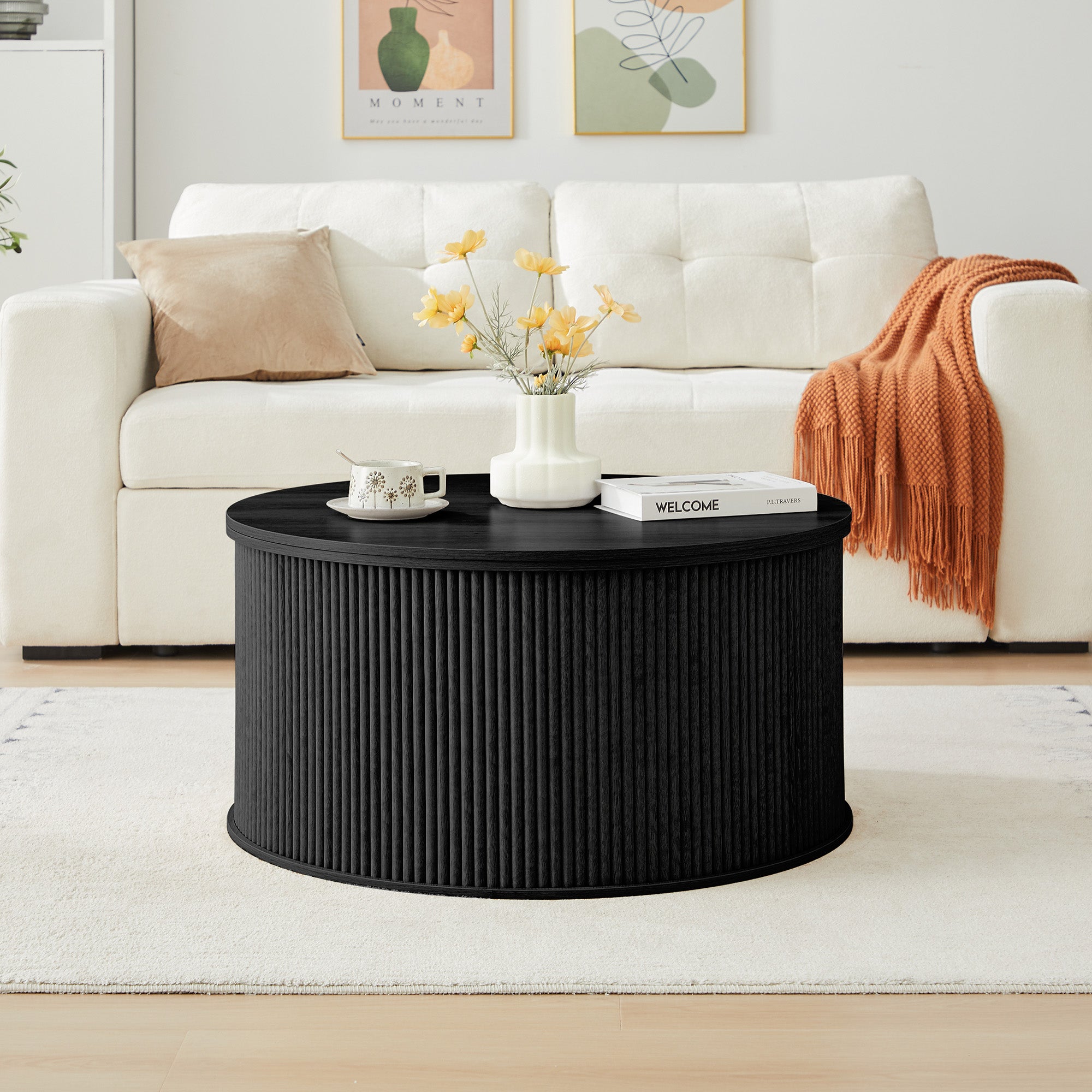Wirrytor 31 inches Round Lift Top Coffee Table with Storage and Flip Top, Fluted Center Table for Living Room, Wood Coffee Table with Hidden Compartment, Round Arc Design