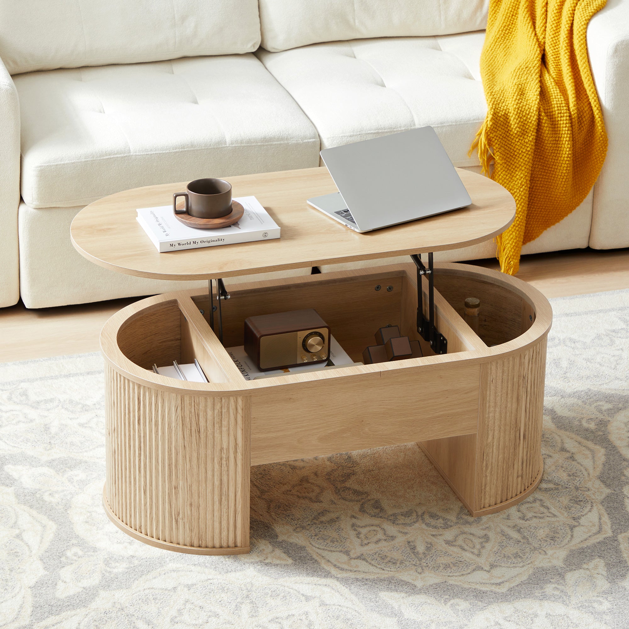 Wirrytor Lift Top Coffee Table with Storage and Open Storage Shelf, Oval Coffee Table for Living Room, Elliptical Arc Design, Fluted Center Table,  Finish & Spacious Storage,