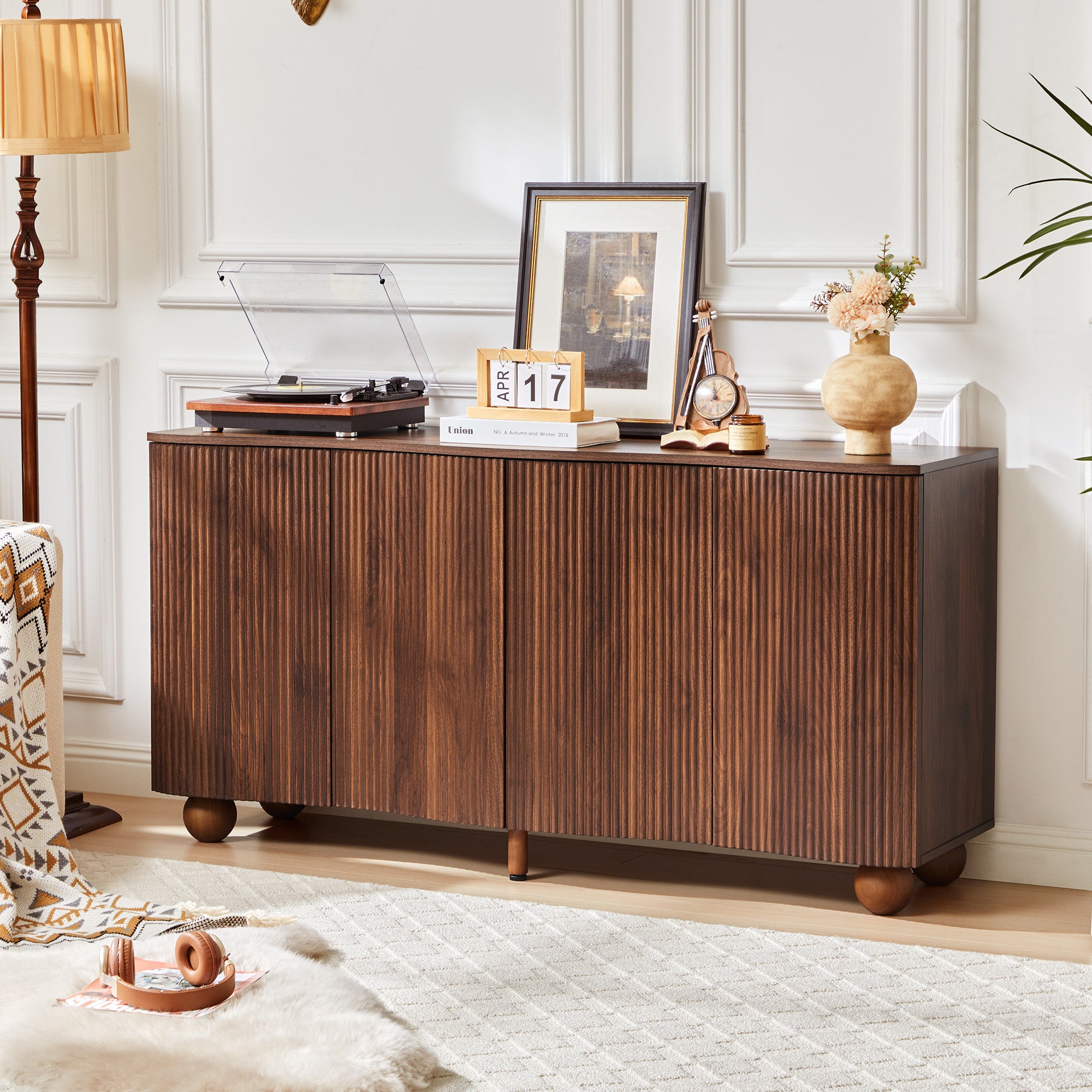 WIRRYTOR 57" Curved Fluted Kitchen Sideboard Buffet Cabinet, Mid-Century Modern Credenza with Solid Ball Legs for Dining Room Living Room