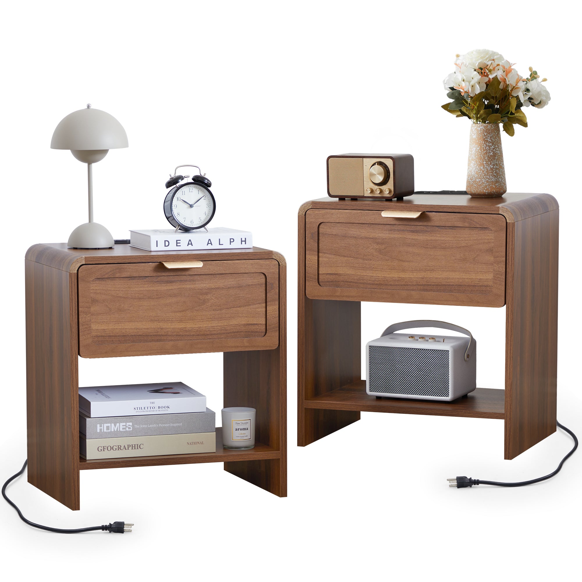 Wirrytor Farmhouse Natural Oak Fluted Nightstands, Mid-Century Chic End Table with Drawer and Open Shelf Storage, Curved Edge Bedside Table for Bedroom Living Room