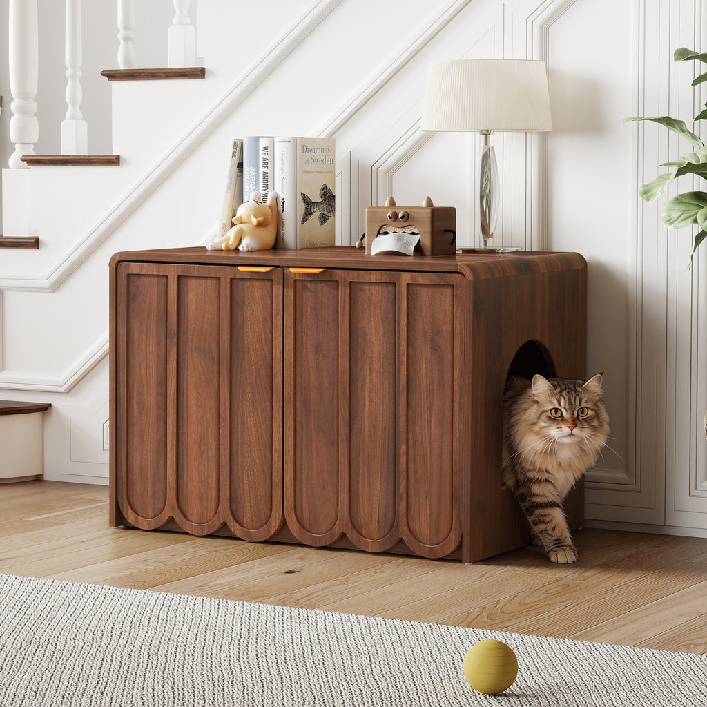 Wirrytor Wave Panel Cat Litter Box Enclosure, Modern Hidden Litter Box with Side Hooks, Multi-Use Cat Washroom Furniture for Living Room