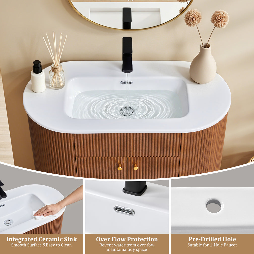 WIRRYTOR 35" Modern Bathroom Vanity with Sink and Faucet, Oval Fluted Freestanding Bathroom Cabinet with Soft-Close Doors and Storage Shelf