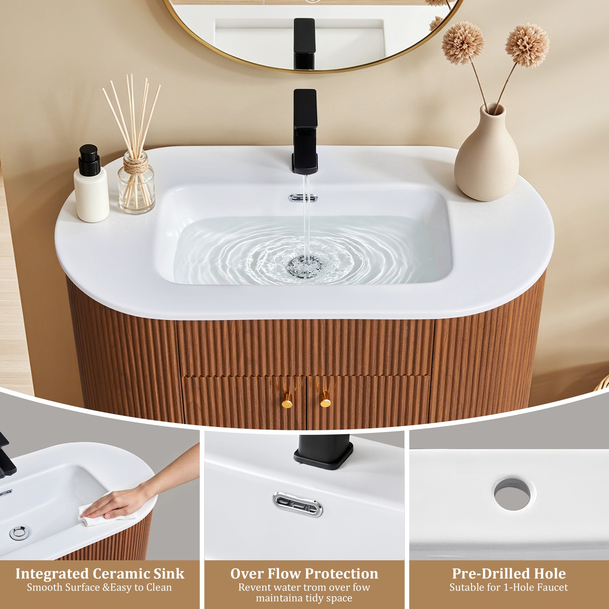 WIRRYTOR 35" Modern Bathroom Vanity with Sink and Faucet, Oval Fluted Freestanding Bathroom Cabinet with Soft-Close Doors and Storage Shelf