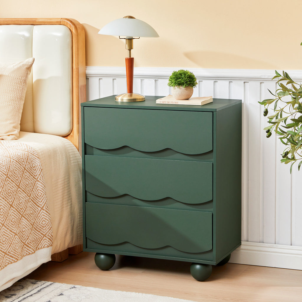 WIRRYTOR Modern Wave Front 3 Drawer Nightstand and Storage Dresser, Scalloped Bedside Table with Solid Wood Ball Leg for Bedroom Living Room