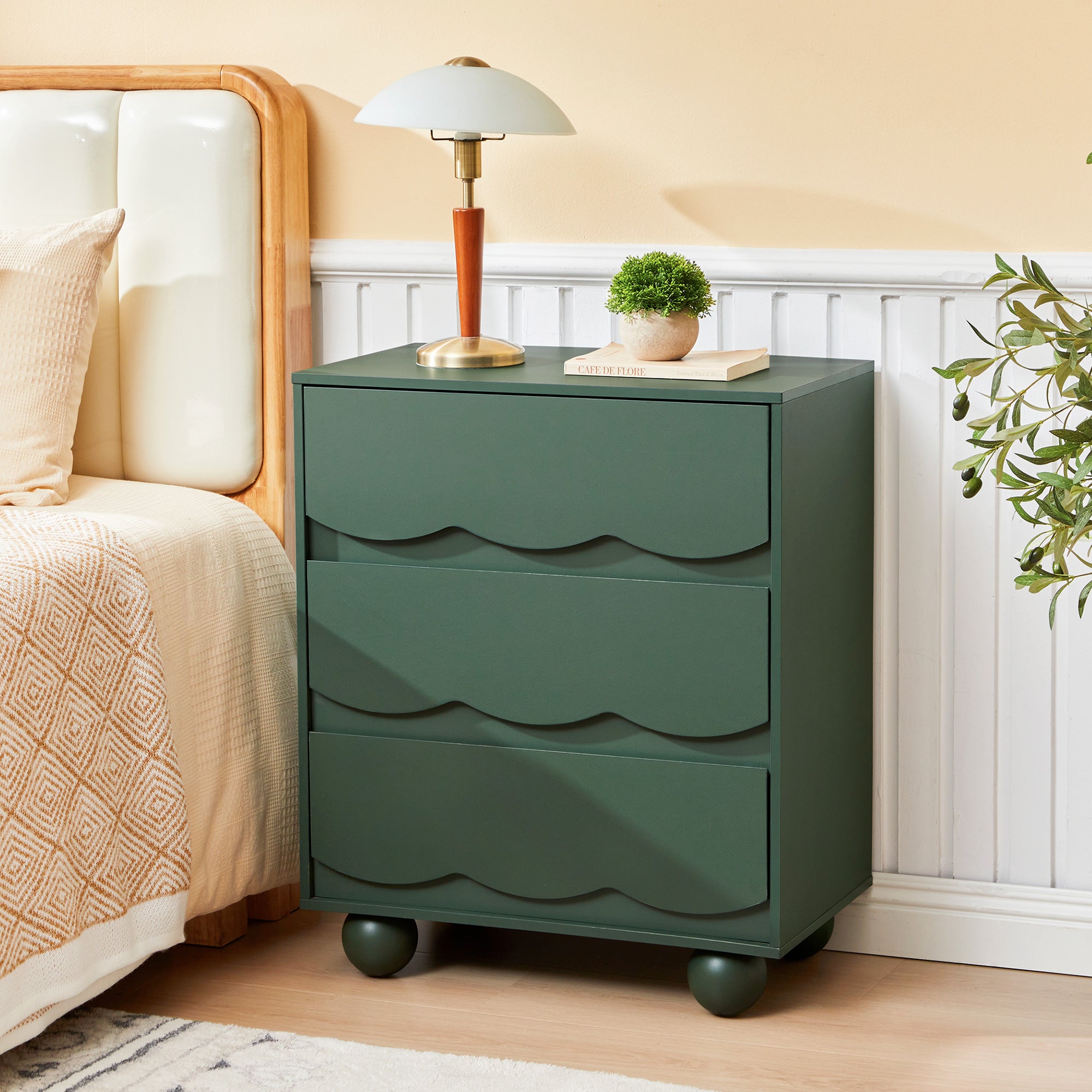 WIRRYTOR Modern Wave Front 3 Drawer Nightstand and Storage Dresser, Scalloped Bedside Table with Solid Wood Ball Leg for Bedroom Living Room