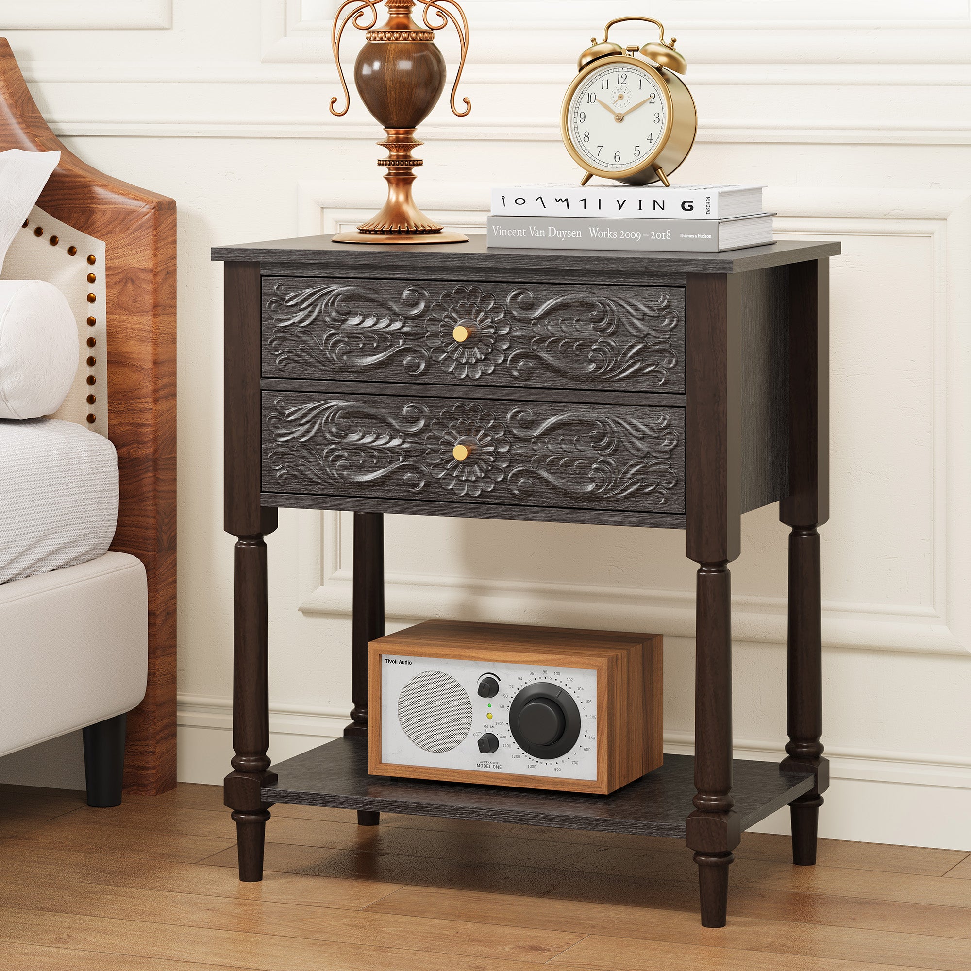 Wirrytor Vintage Wood 2-Drawer Tray Top Navy Blue Nightstand, Bedside Table 2 Drawer Dresser with Embossed Pattern, Storage End Table with Wooden Legs for Living Room