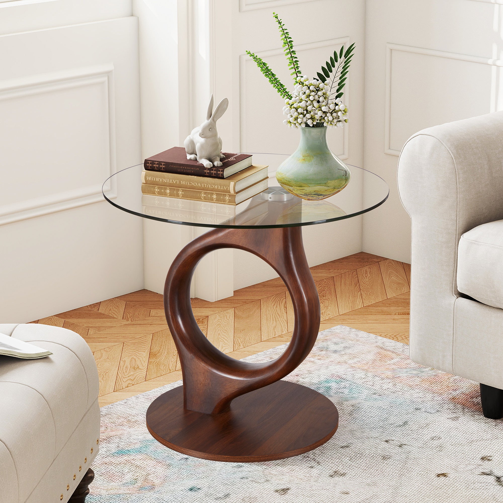 Wirrytor 27.55" Round Glass Coffee Table, Mid-Century Modern Side Table with Wood Base and Tempered Glass Top, Brown