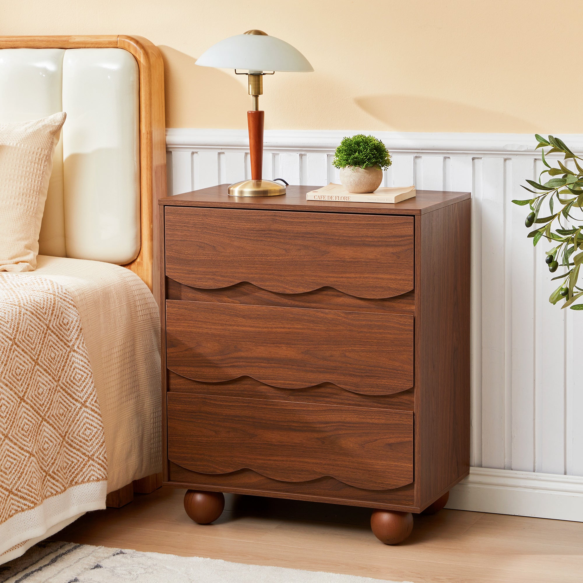 WIRRYTOR Modern Wave Front 3 Drawer Nightstand and Storage Dresser, Scalloped Bedside Table with Solid Wood Ball Leg for Bedroom Living Room