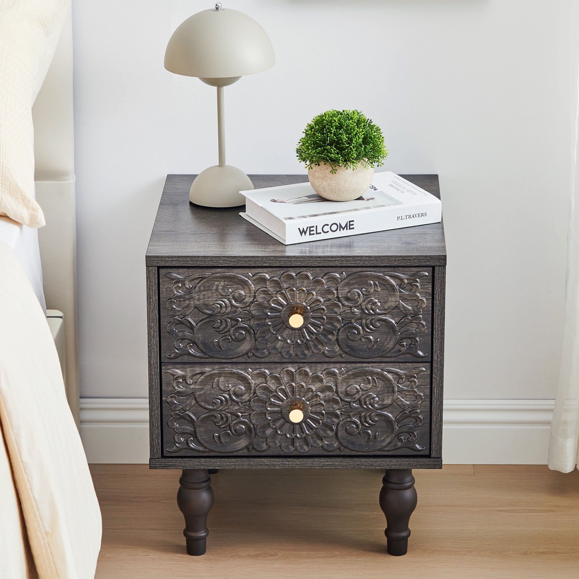 Wirrytor Vintage Short Nightstand with 2 Drawers, Bedside Table 2 Drawer Dresser with Embossed Pattern, Storage End Table with Wooden Legs for Bedroom & Living Room,Blue