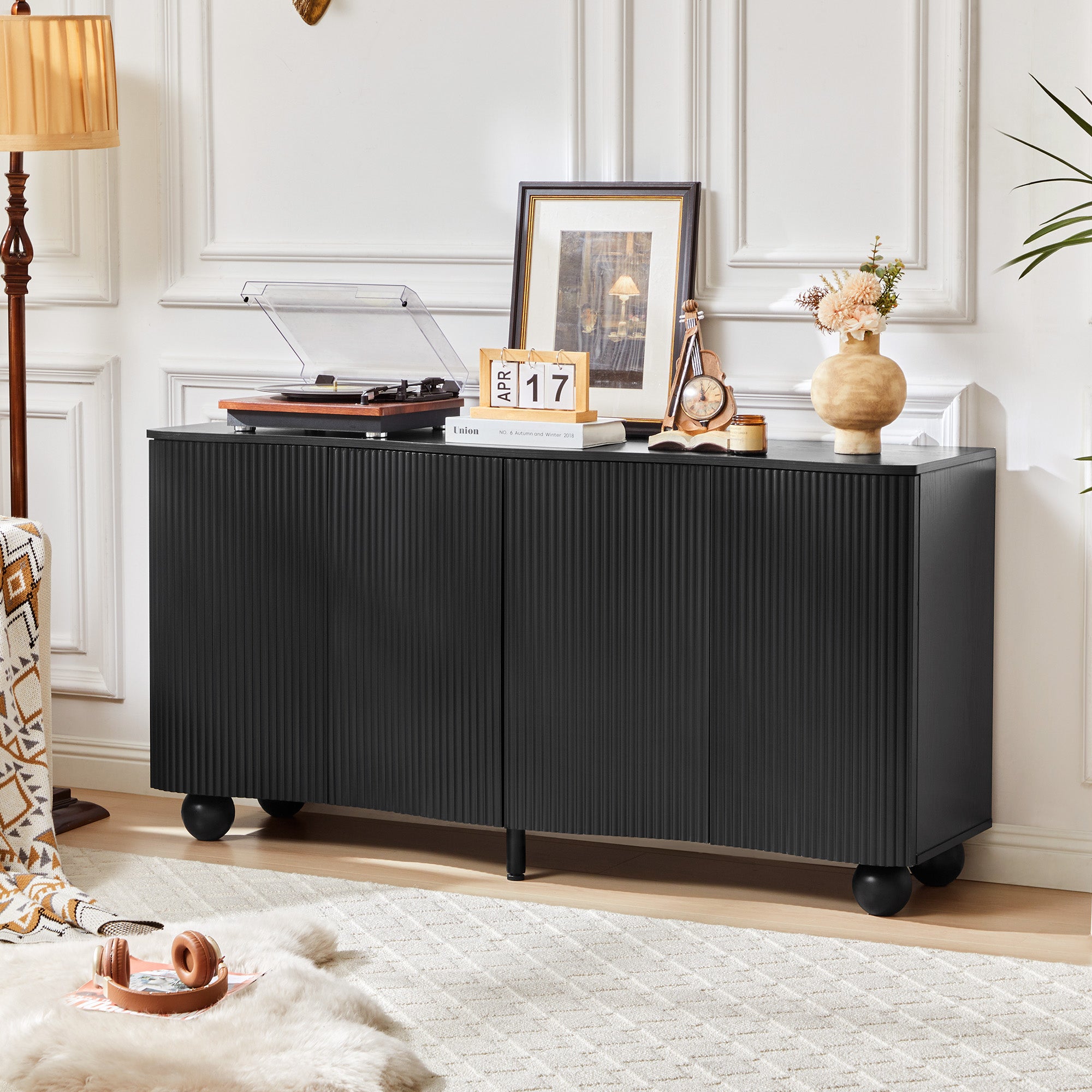 WIRRYTOR 57" Curved Fluted Kitchen Sideboard Buffet Cabinet, Mid-Century Modern Credenza with Solid Ball Legs for Dining Room Living Room