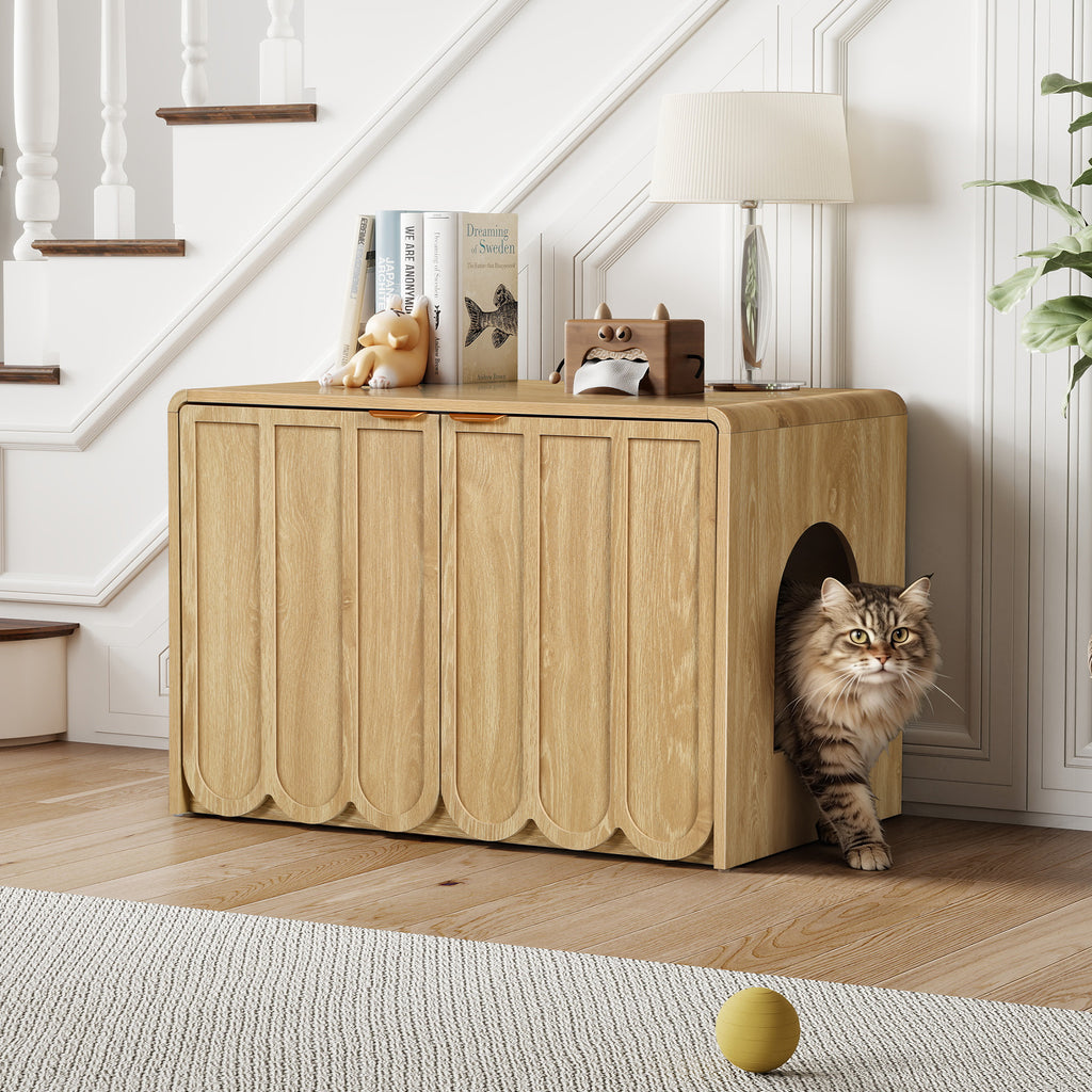 Wirrytor Walnut Cat Litter Box Enclosure With 2-Tier Display Shelves, Hidden Litter Box Furniture With Cat Perch, Modern Arched Pet Cabinet For Home Decor