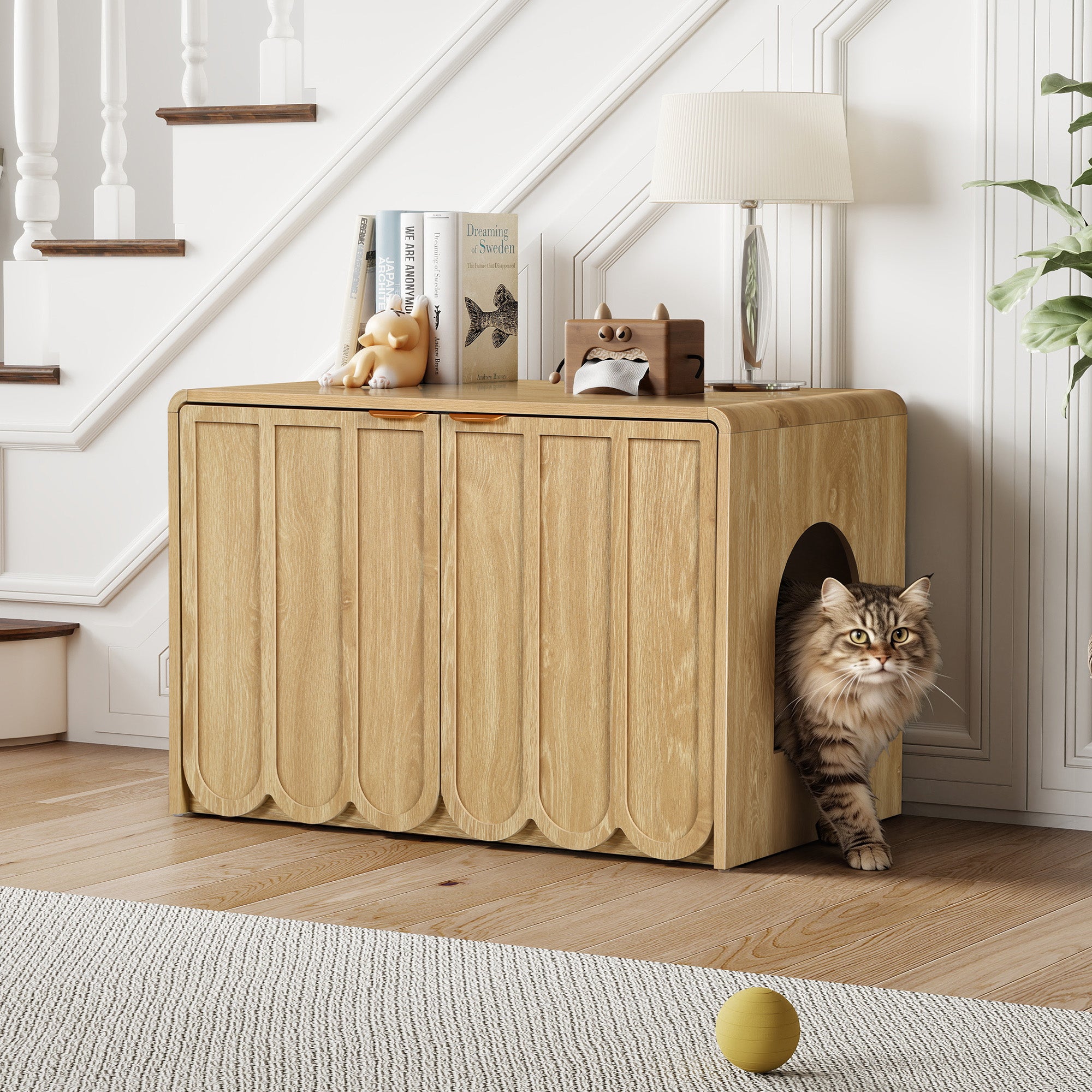 Wirrytor Walnut Cat Litter Box Enclosure With 2-Tier Display Shelves, Hidden Litter Box Furniture With Cat Perch, Modern Arched Pet Cabinet For Home Decor