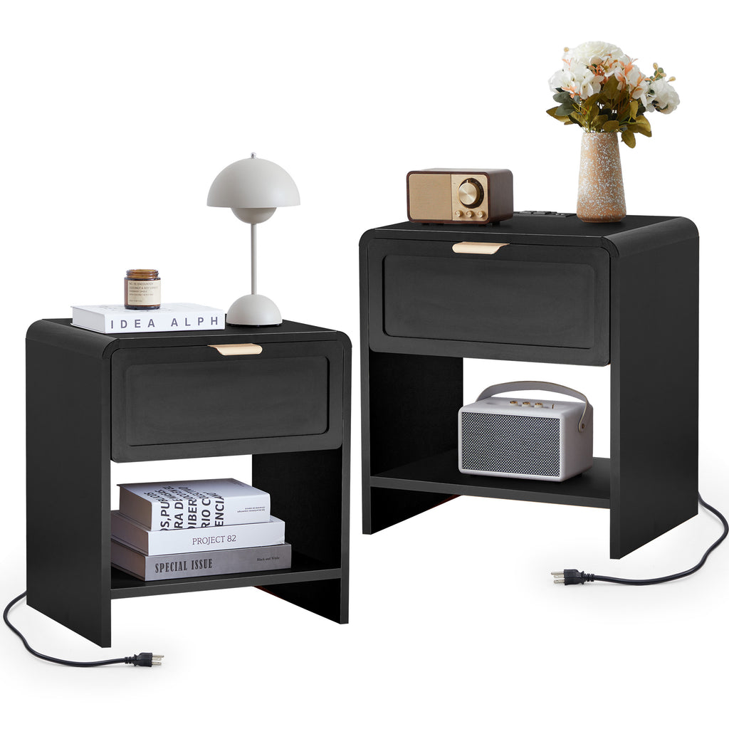 Wirrytor Modern Nightstand Set of 2 with Charging Station, Wide Wood Bedside Table w/ Storage Drawers, Mid Century End Table for Bedroom, Living Room,Curved Profile Design, Natural Oak
