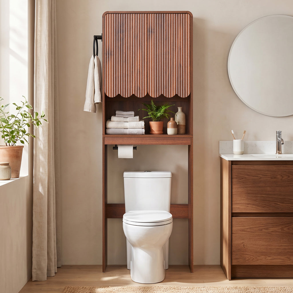 WIRRYTOR Modern Fluted Over the Toilet Storage Cabinet, 68" Tall Freestanding Bathroom Organizer with Adjustable Shelf and Paper Holder, Walnut