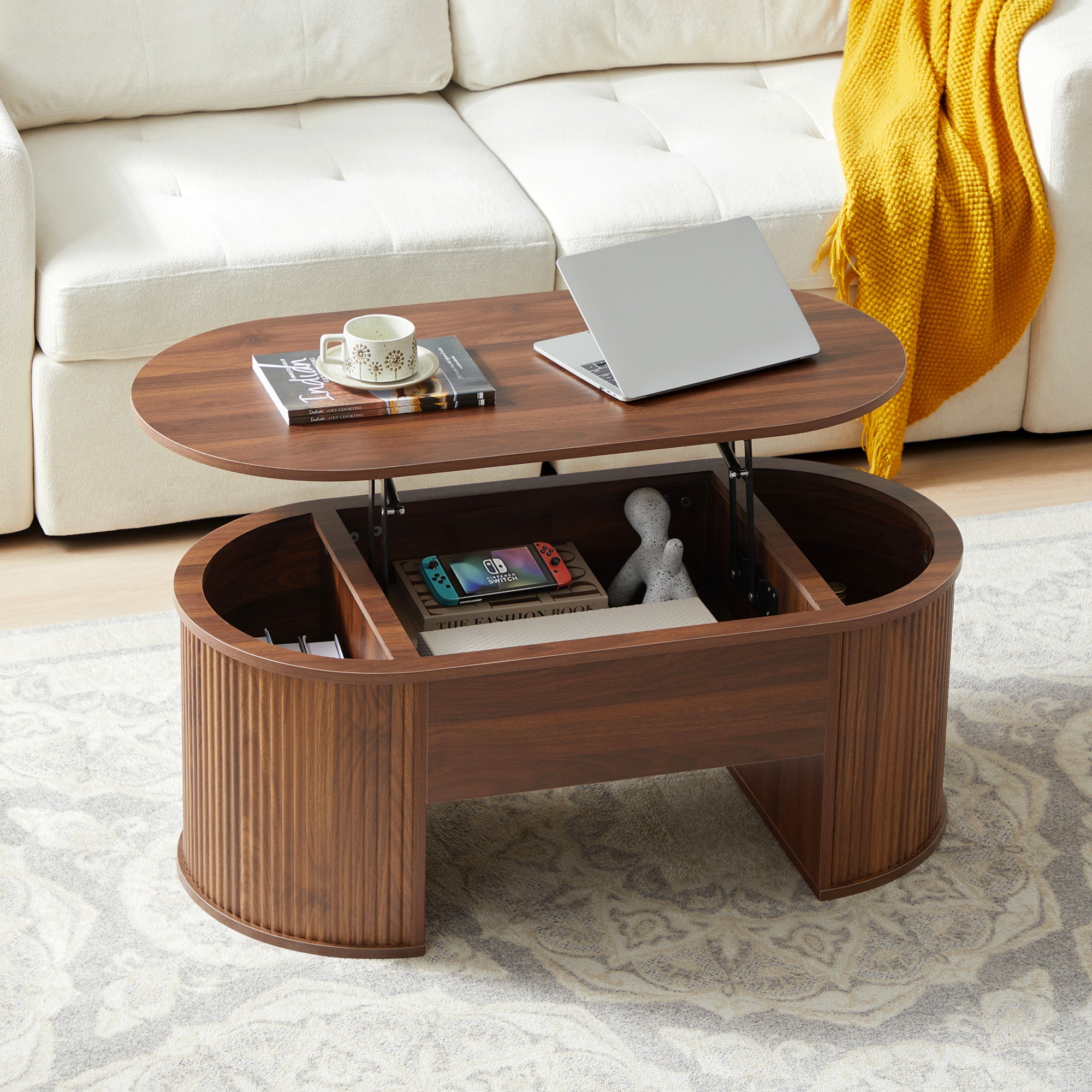Wirrytor Lift Top Coffee Table with Storage and Open Storage Shelf, Oval Coffee Table for Living Room, Elliptical Arc Design, Fluted Center Table,  Finish & Spacious Storage,