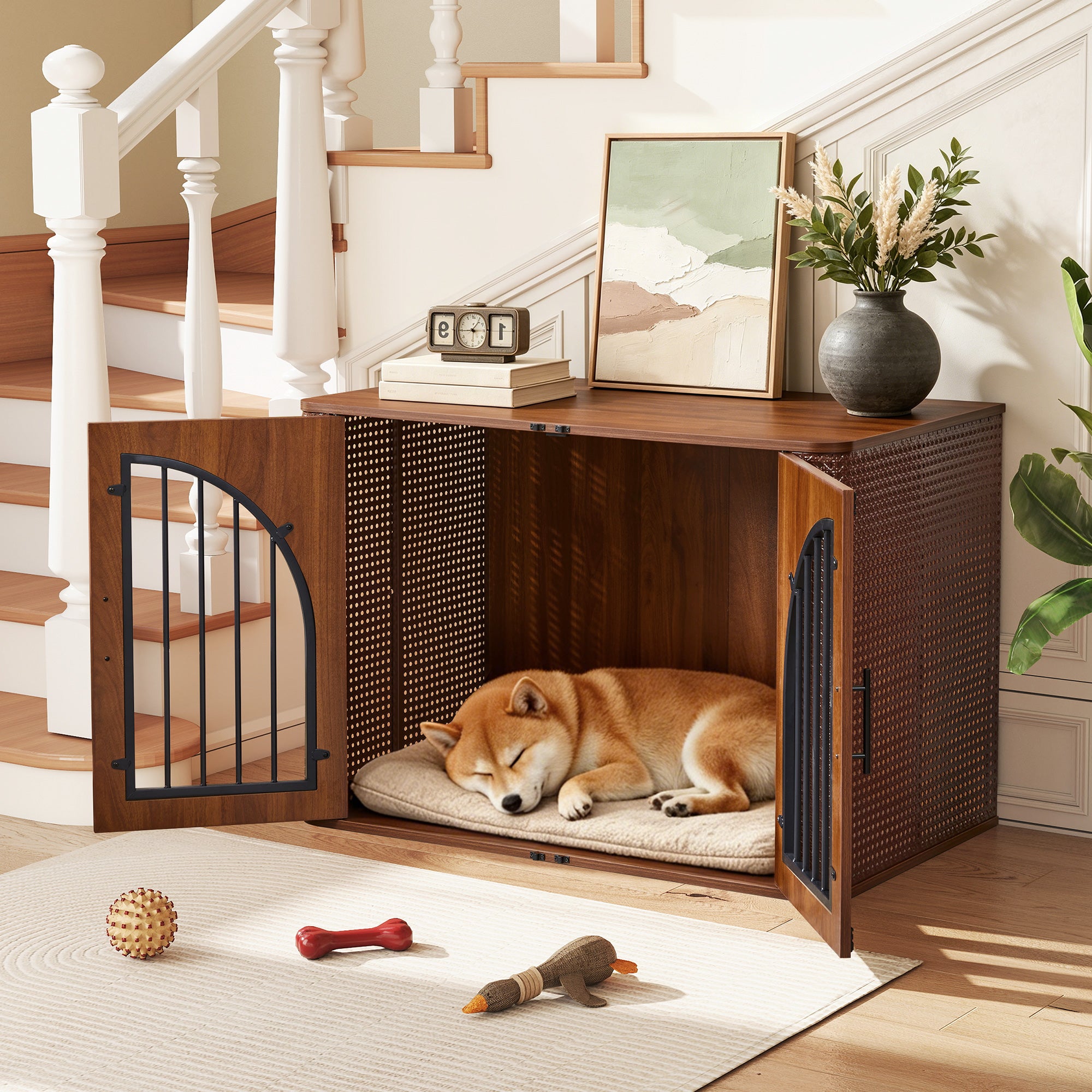 WIRRYTOR 39.37" Wooden Furniture Dog Crate with Arched Doors, Modern Indoor Dog Kennel Pet House End Table for Medium Dogs