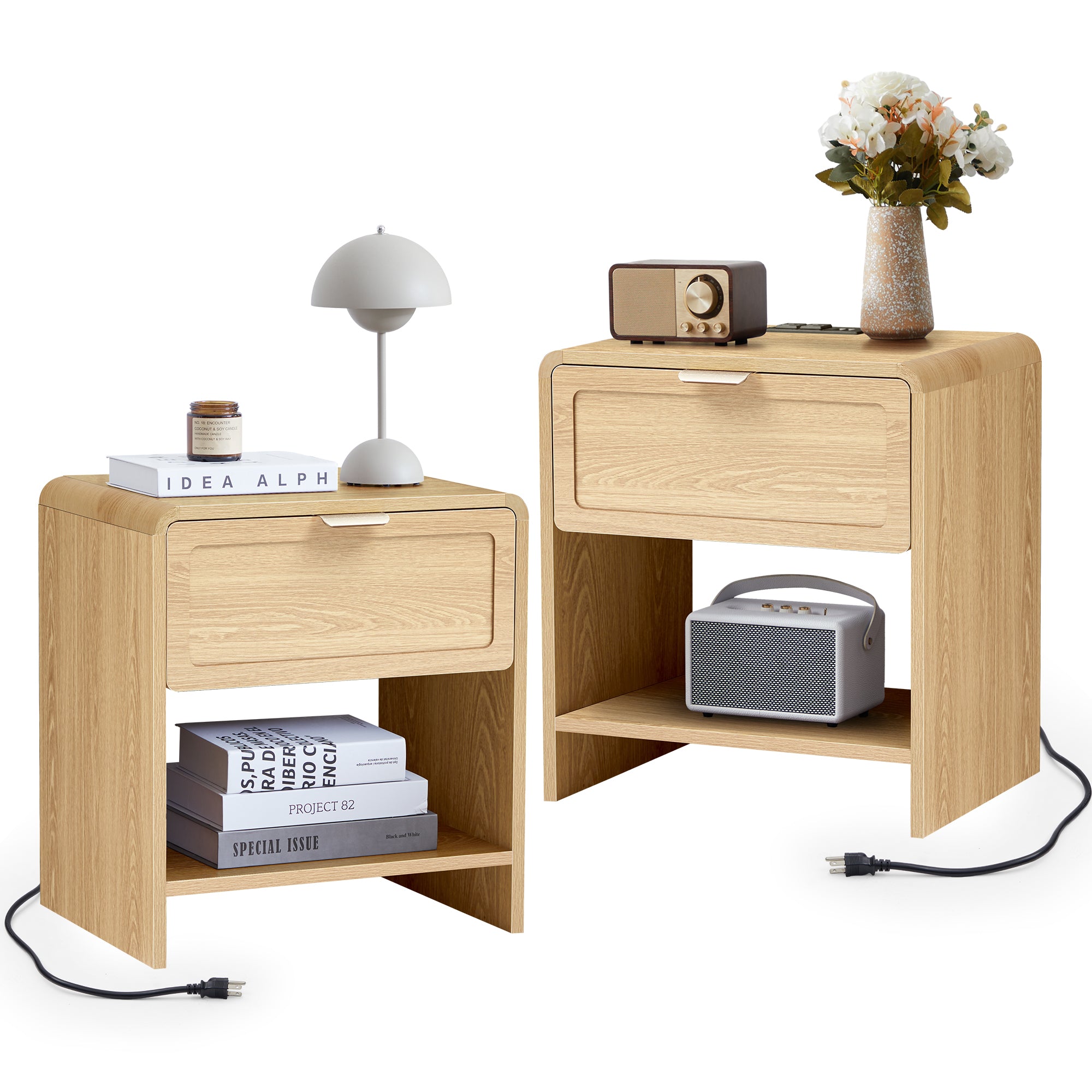 Wirrytor Farmhouse Natural Oak Fluted Nightstands, Mid-Century Chic End Table with Drawer and Open Shelf Storage, Curved Edge Bedside Table for Bedroom Living Room