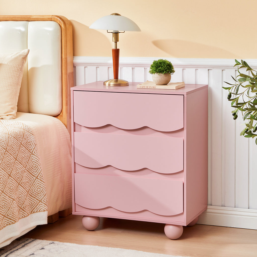 WIRRYTOR Modern Wave Front 3 Drawer Nightstand and Storage Dresser, Scalloped Bedside Table with Solid Wood Ball Leg for Bedroom Living Room