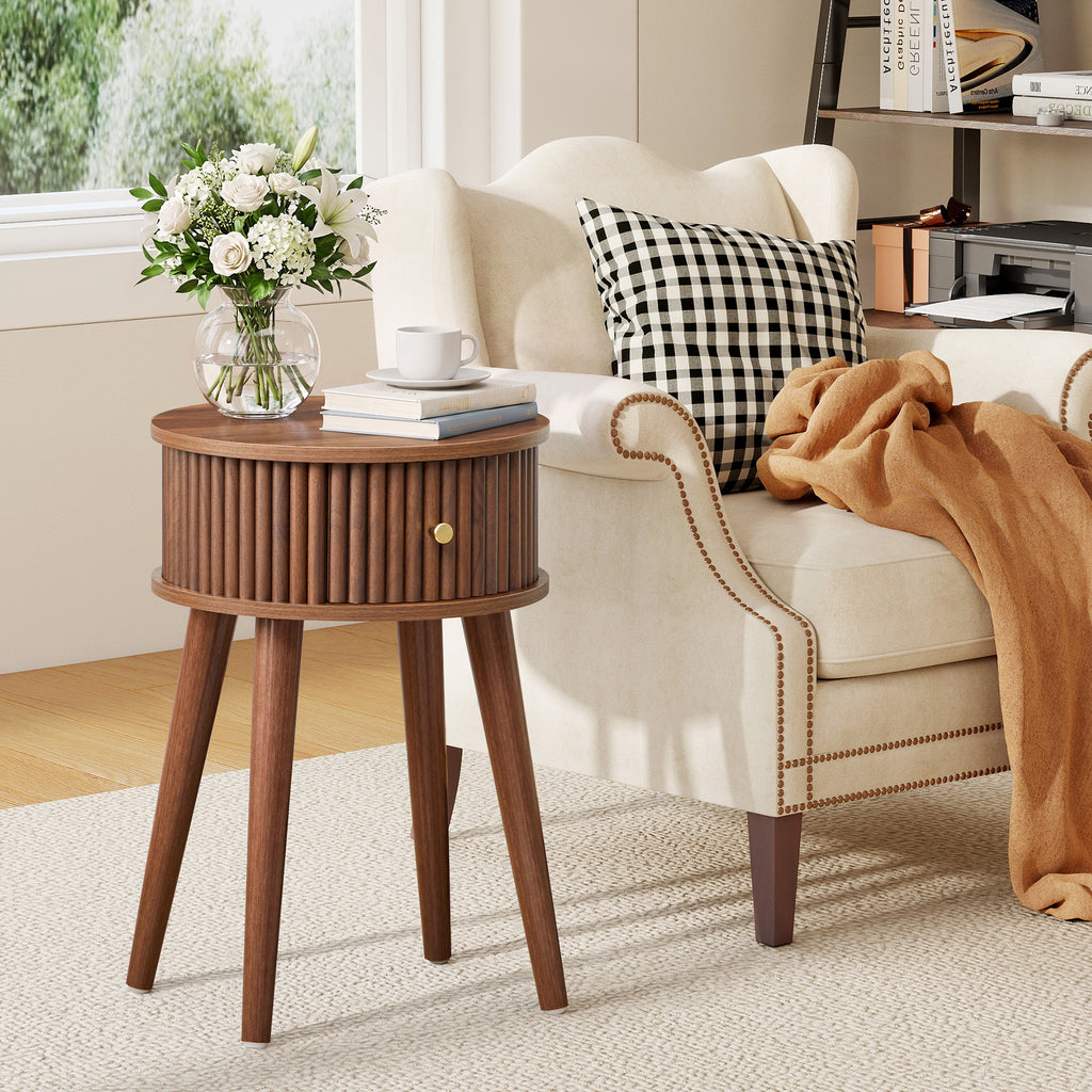 WIRRYTOR Set of 2 Modern Boho End Tables for Living Room, Round Fluted Side Tables with Drawer and Splayed Legs, Walnut Accent Tables
