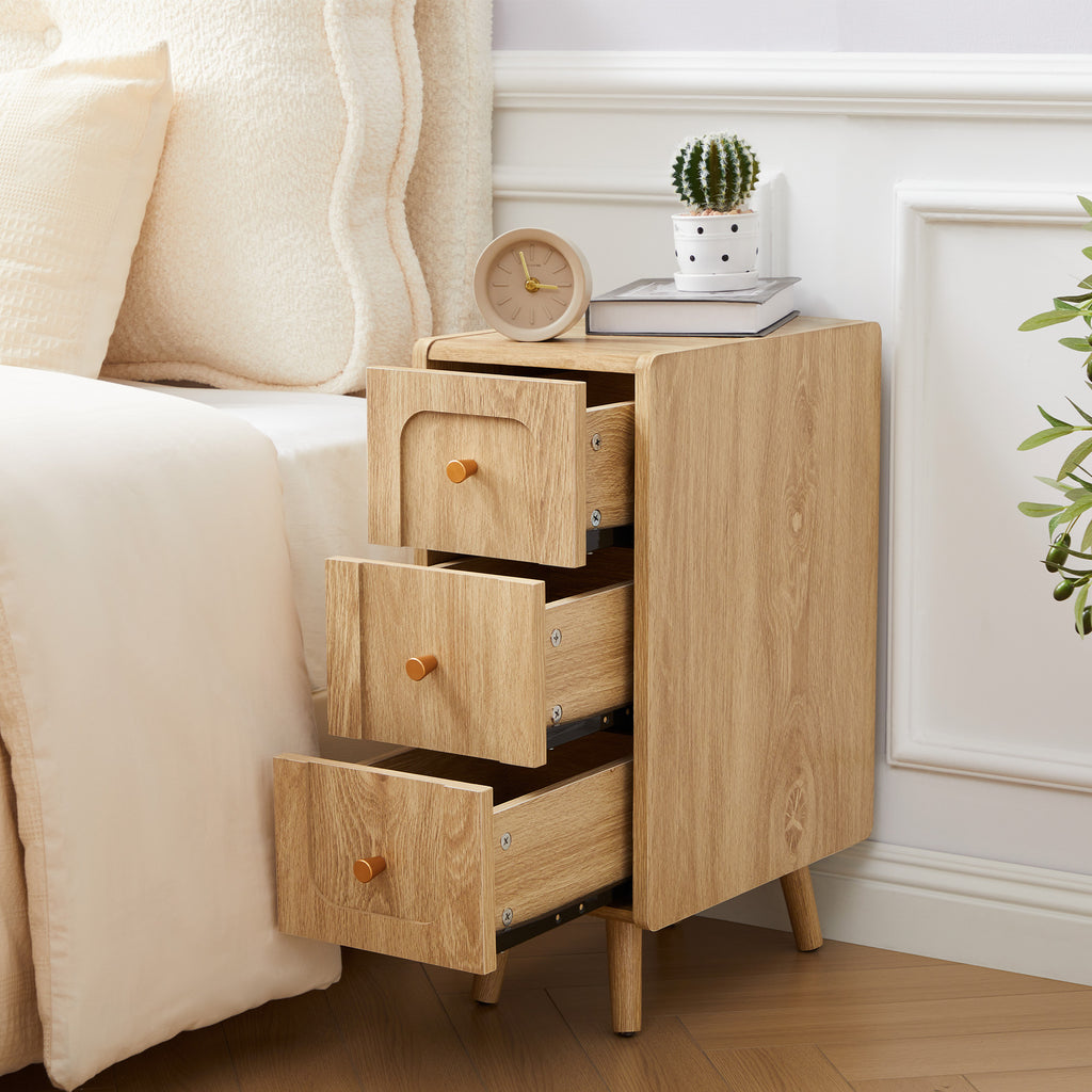 WIRRYTOR Modern Rounded Corner Narrow Nightstand with 3 Drawers, Slim Bedside Table with Tapered Legs, Natural Accent End Table