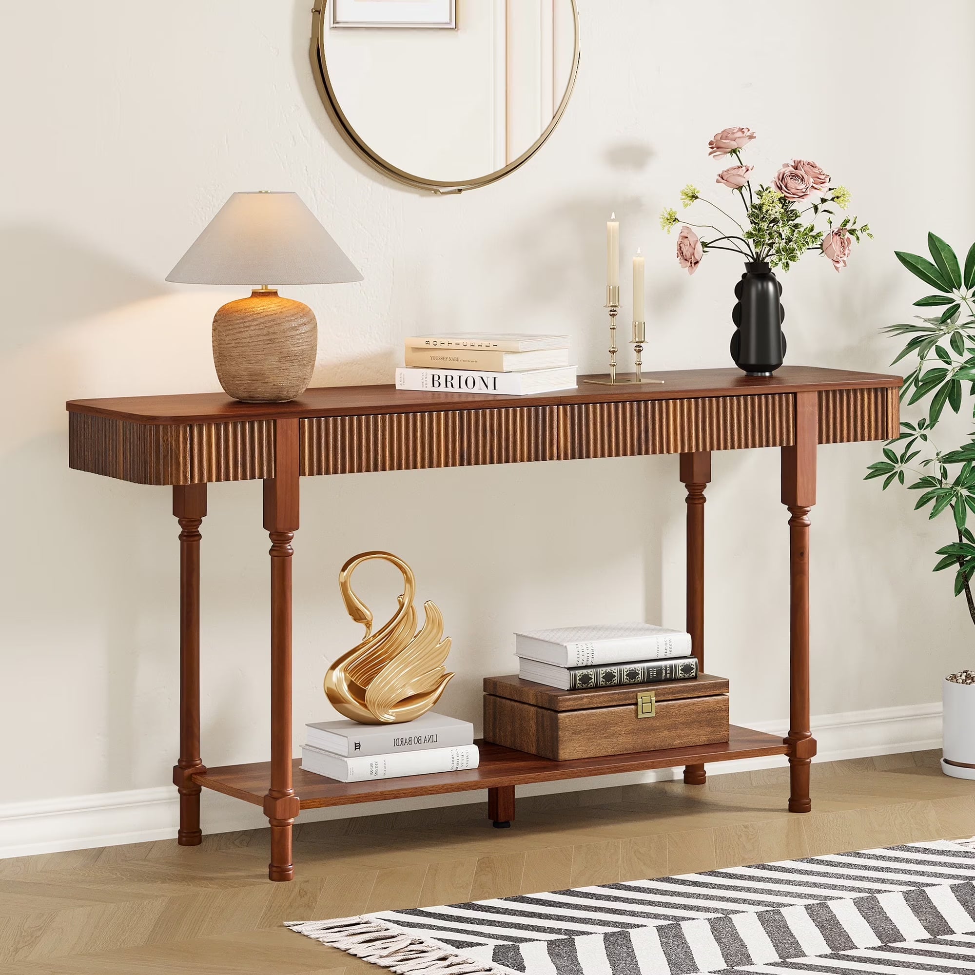 Wirrytor Long Console Table with Drawers for Living Room, Narrow Fluted Sofa Table with Open Storage Shelf, Couch Table Behind Sofa, Entryway table, Hallway Table ,Walnut