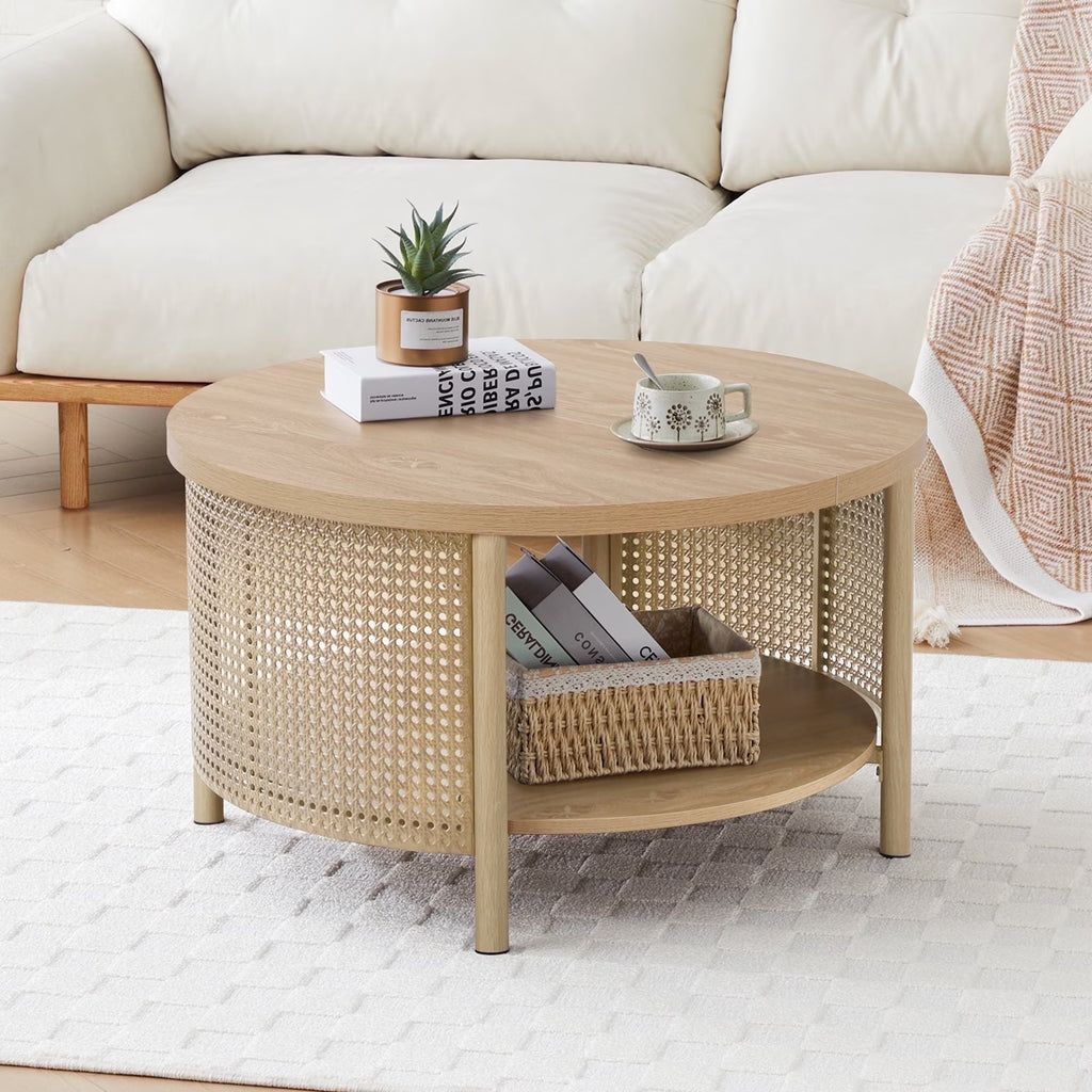 Wirrytor  Rattan Round Coffee Table with 2-Tier Wood Storage, Circular Table, Round Storage Table, oak
