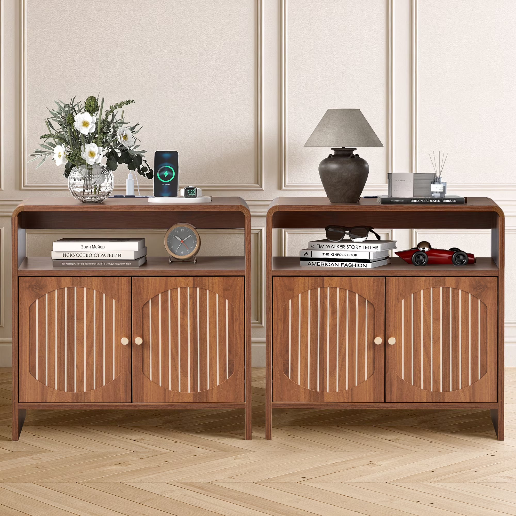 Wirrytor Walnut 2-Pack Side Tables With Charging Station, Mid-Century Modern End Tables With 2 Doors & Adjustable Shelves, Curved Edge Nightstands For Bedroom Living Room