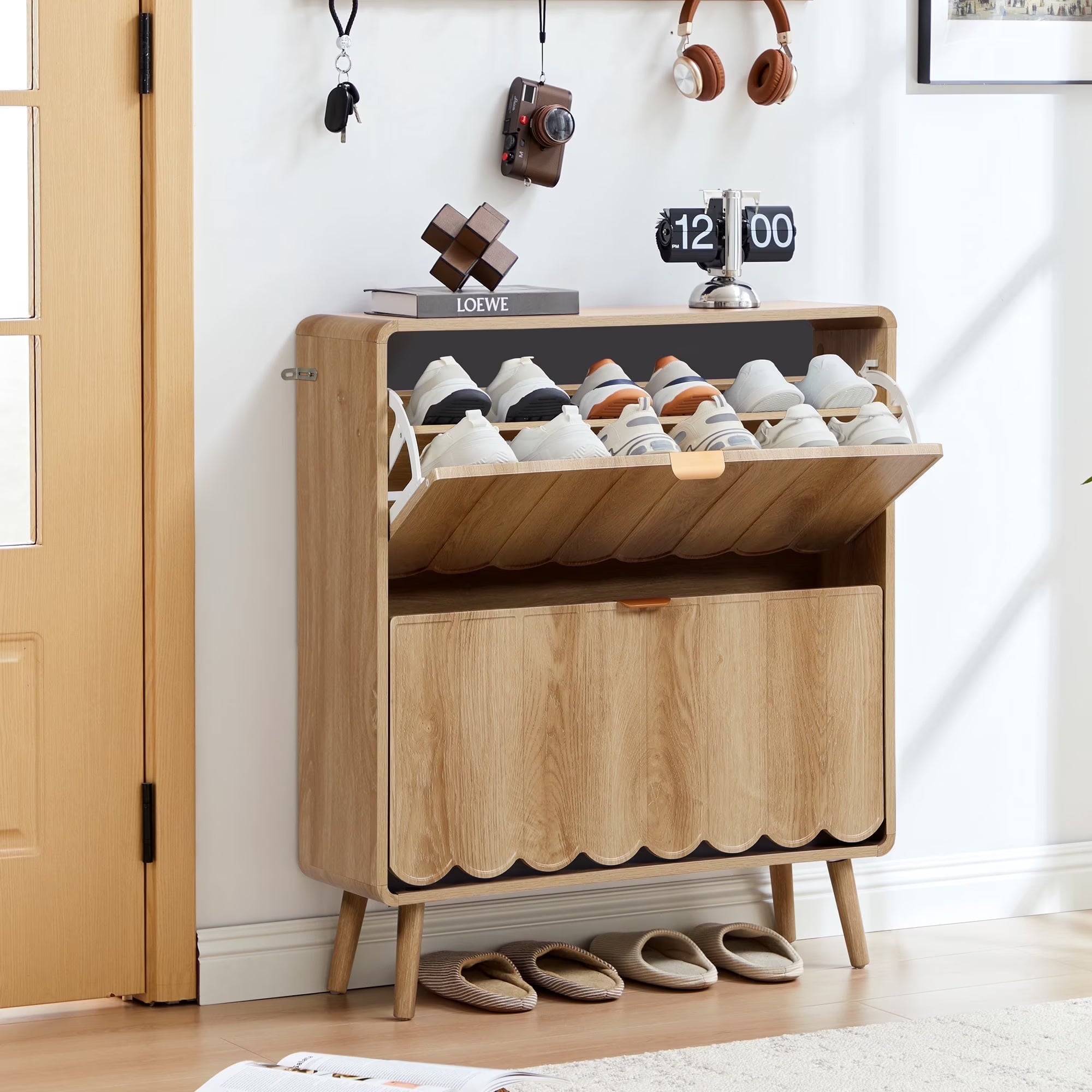 Wirrytor Shoe Storage Cabinet with 2 Flip Drawers for Entryway, Hidden Wooden Shoe Cabinet Narrow Shoe Rack Cabinet Organizer for Hallway Front Door EntranceO(oak)