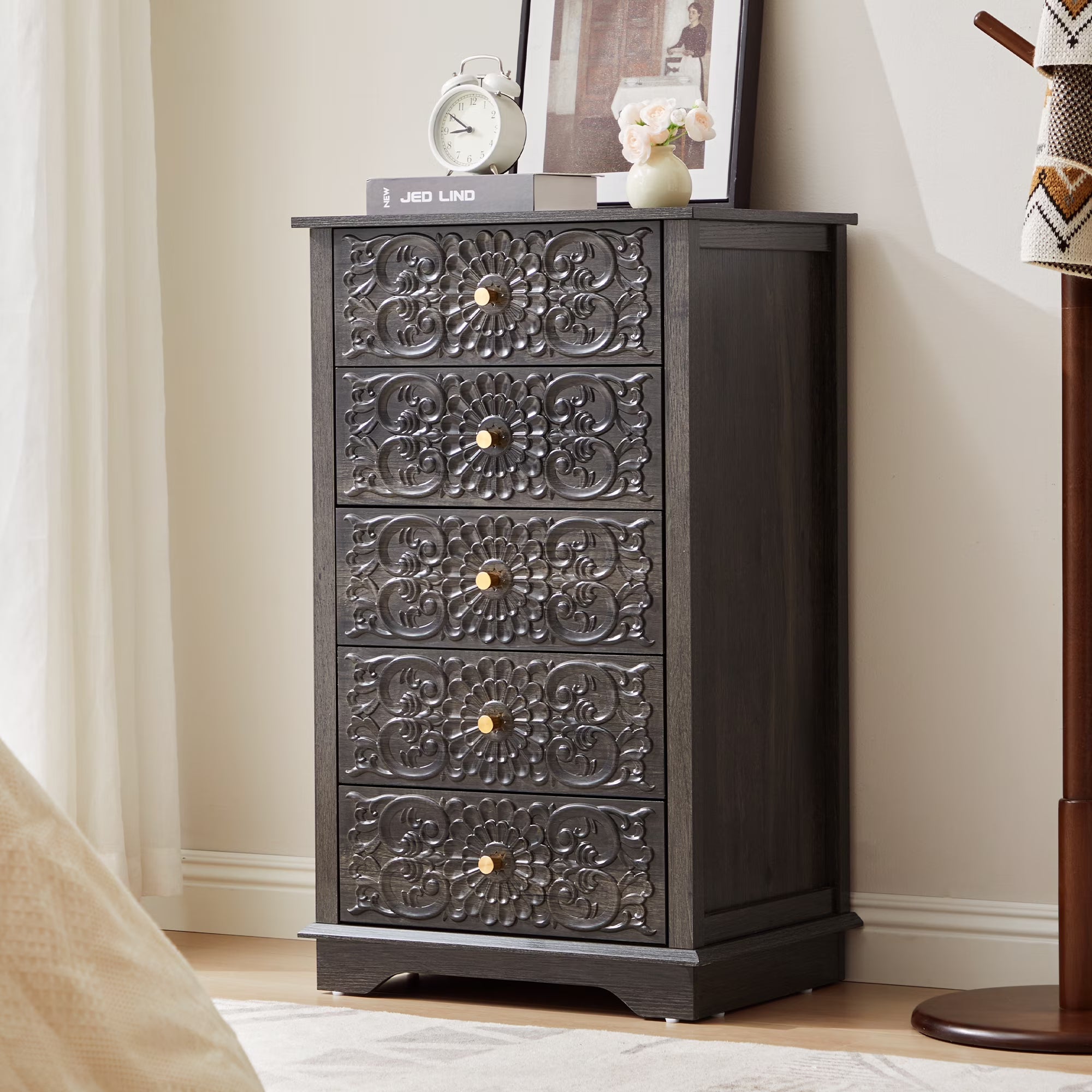 Wirrytor 5-Drawer Farmhouse Dresser With Floral Embossing, Dark Gray Tall Chest Of Drawers, Anti-Tipping Design, Vintage Storage Organizer For Bedroom Hallway Living Room