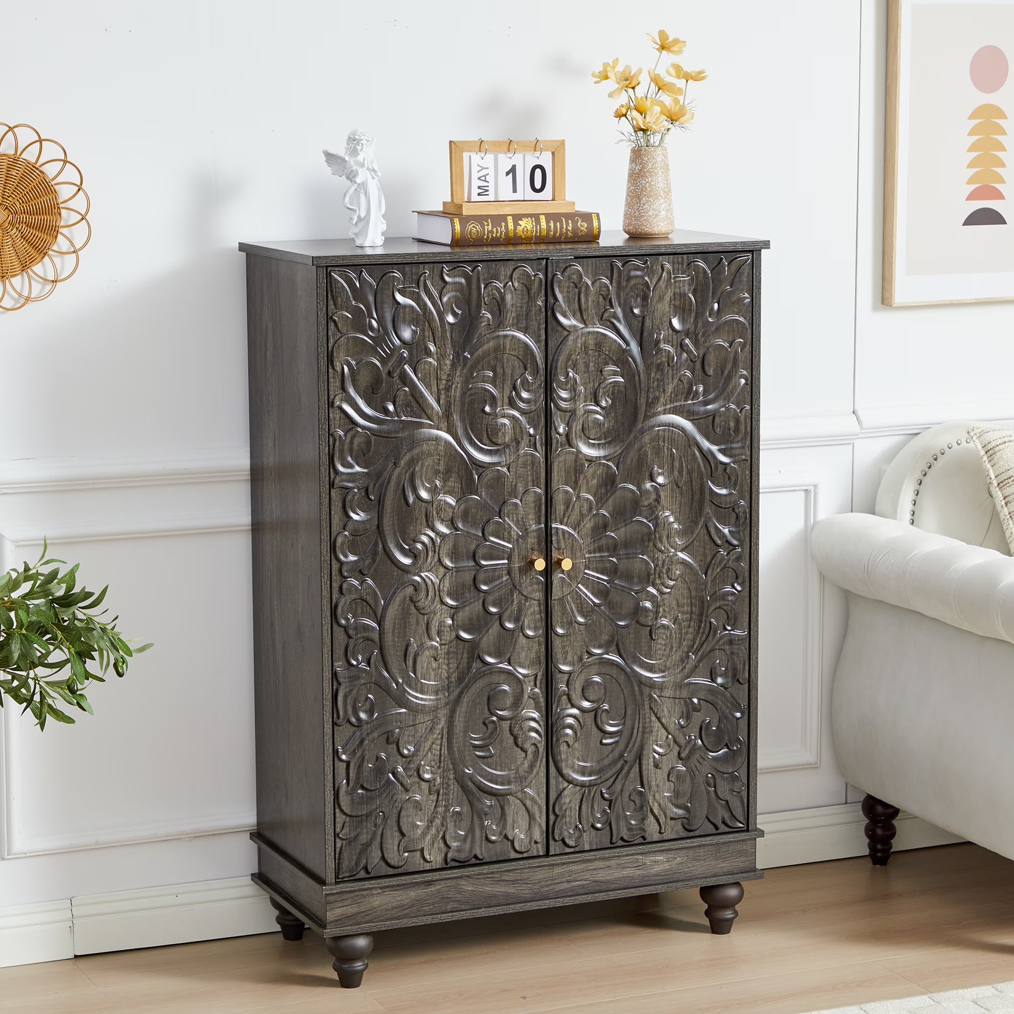 Wirrytor Storage Cabinet, Art Accent Organizer Furniture with 2 Doors in Embossed Patterns, Vintage Small Decorative Sideboard for Home Office, Living Room, Bedroom, Antique Black