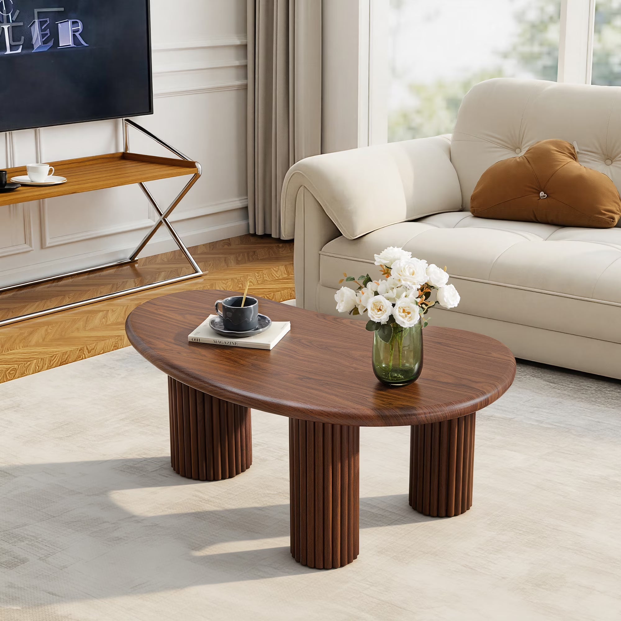 Wirrytor Cloud Coffee Table Wood Living Room Table, Dark Brown Coffee Table with 3 Sturdy Legs, Mid-Century Modern Center Table for Living Room Tea Table