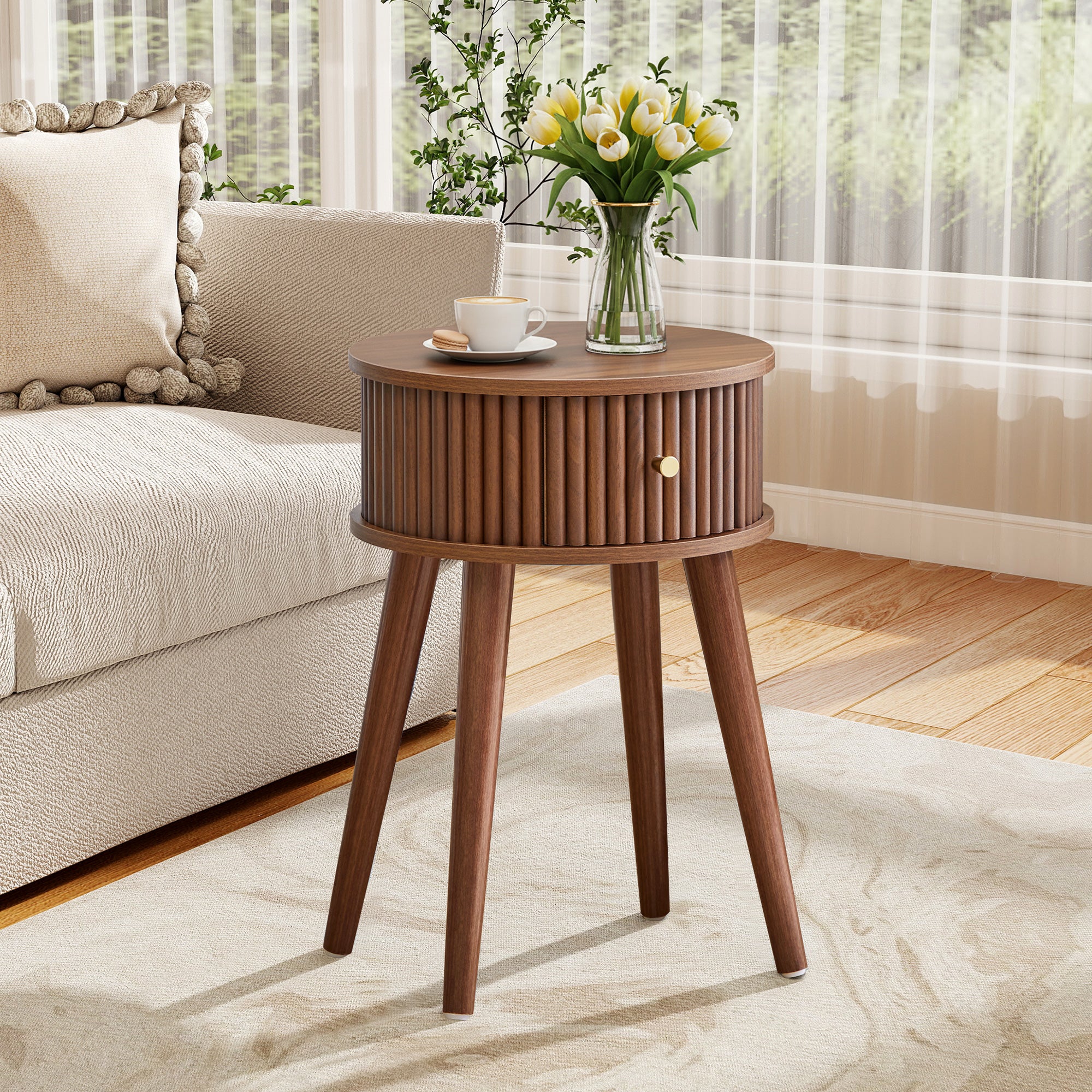 WIRRYTOR Set of 2 Modern Boho End Tables for Living Room, Round Fluted Side Tables with Drawer and Splayed Legs, Walnut Accent Tables