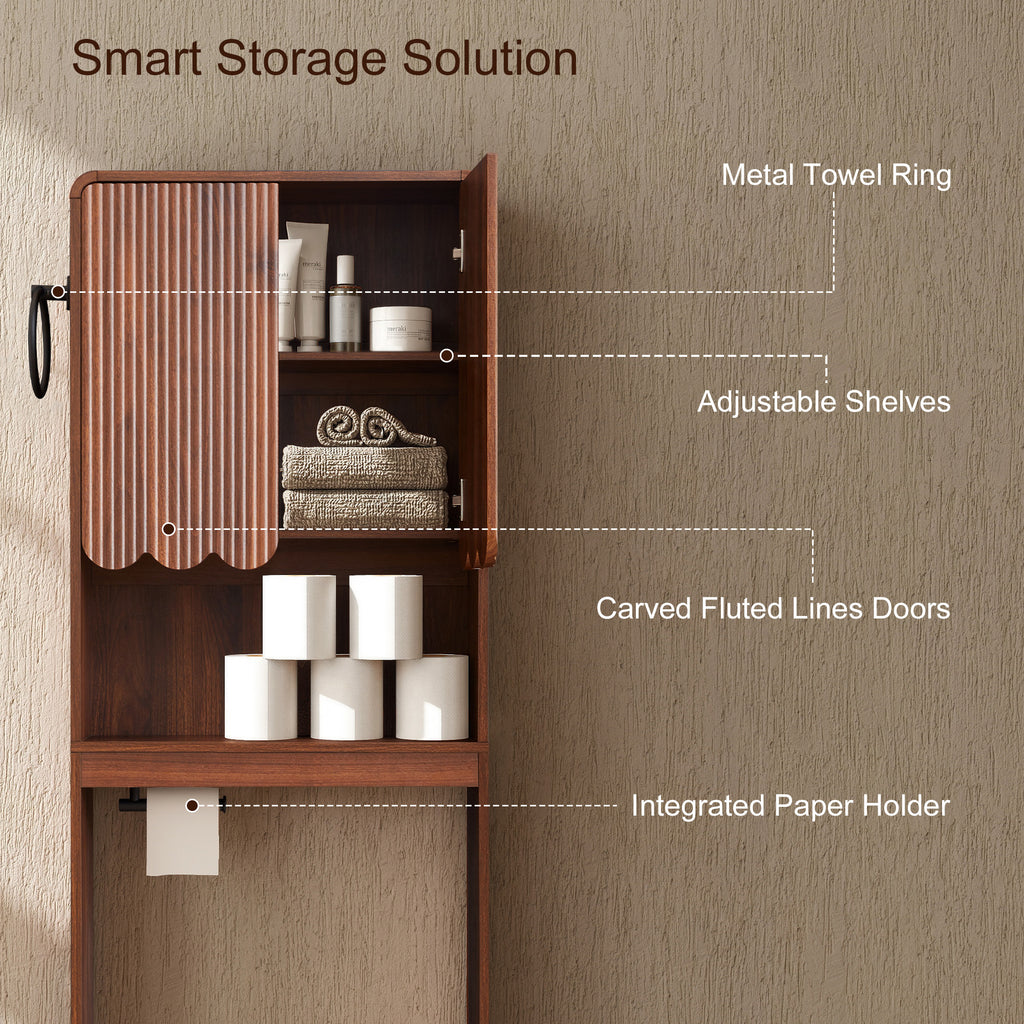 WIRRYTOR Modern Fluted Over the Toilet Storage Cabinet, 68" Tall Freestanding Bathroom Organizer with Adjustable Shelf and Paper Holder, Walnut
