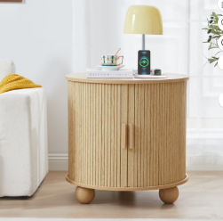 Wirrytor Side Table with Charging Station, The Table Behind the Sofa with Storage Space and Sliding Door, Bedside Table Accent Cabinet for Living Room, Bedroom, Entryway