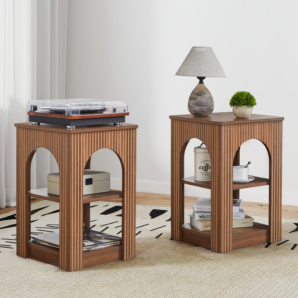 WIRRYTOR Mid-Century Modern End Tables Set of 2, 3-Tier Wooden Side Table with Arch Fluted Design, Accent Sofa Tables for Living Room, Walnut