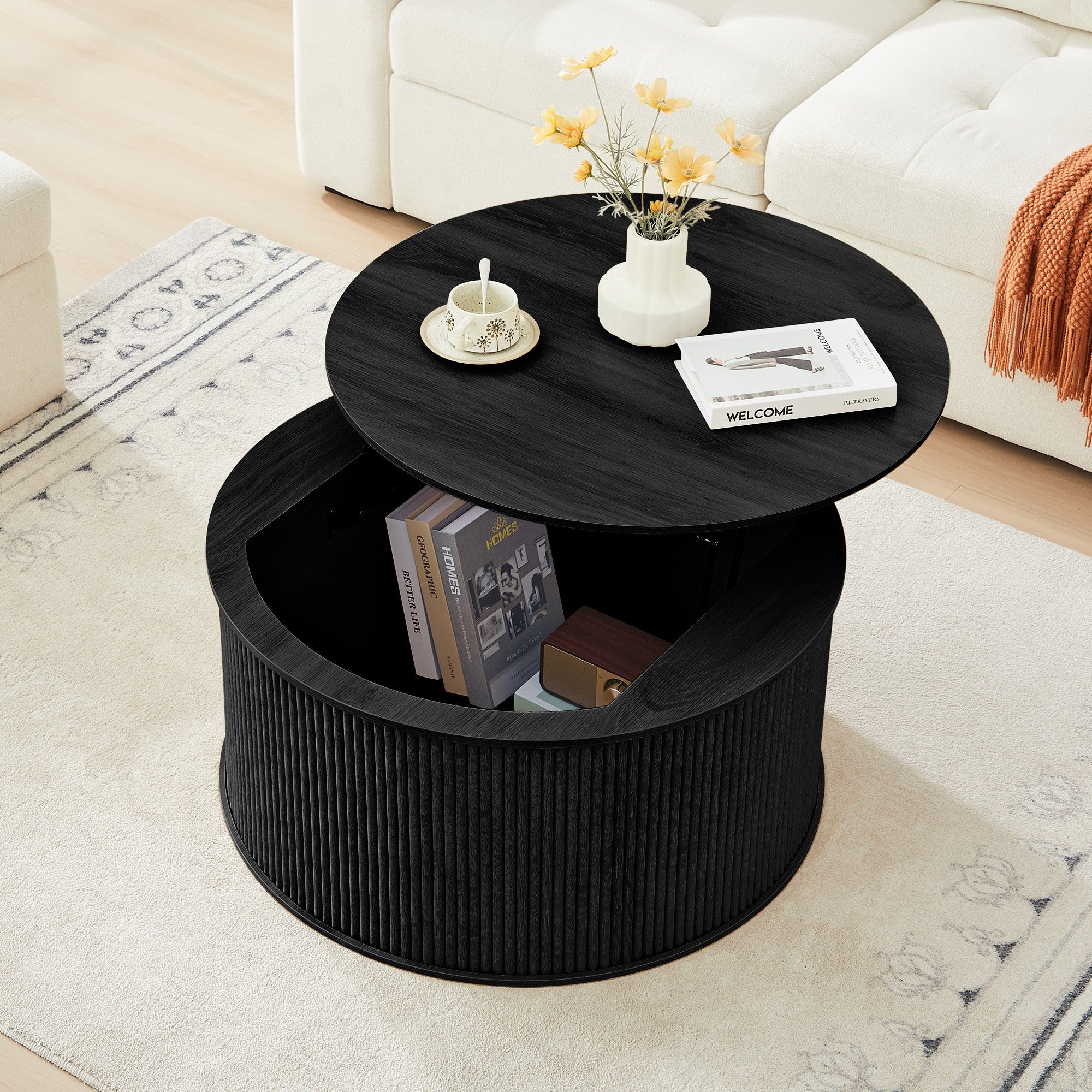 Wirrytor 31 inches Round Lift Top Coffee Table with Storage and Flip Top, Fluted Center Table for Living Room, Wood Coffee Table with Hidden Compartment, Round Arc Design
