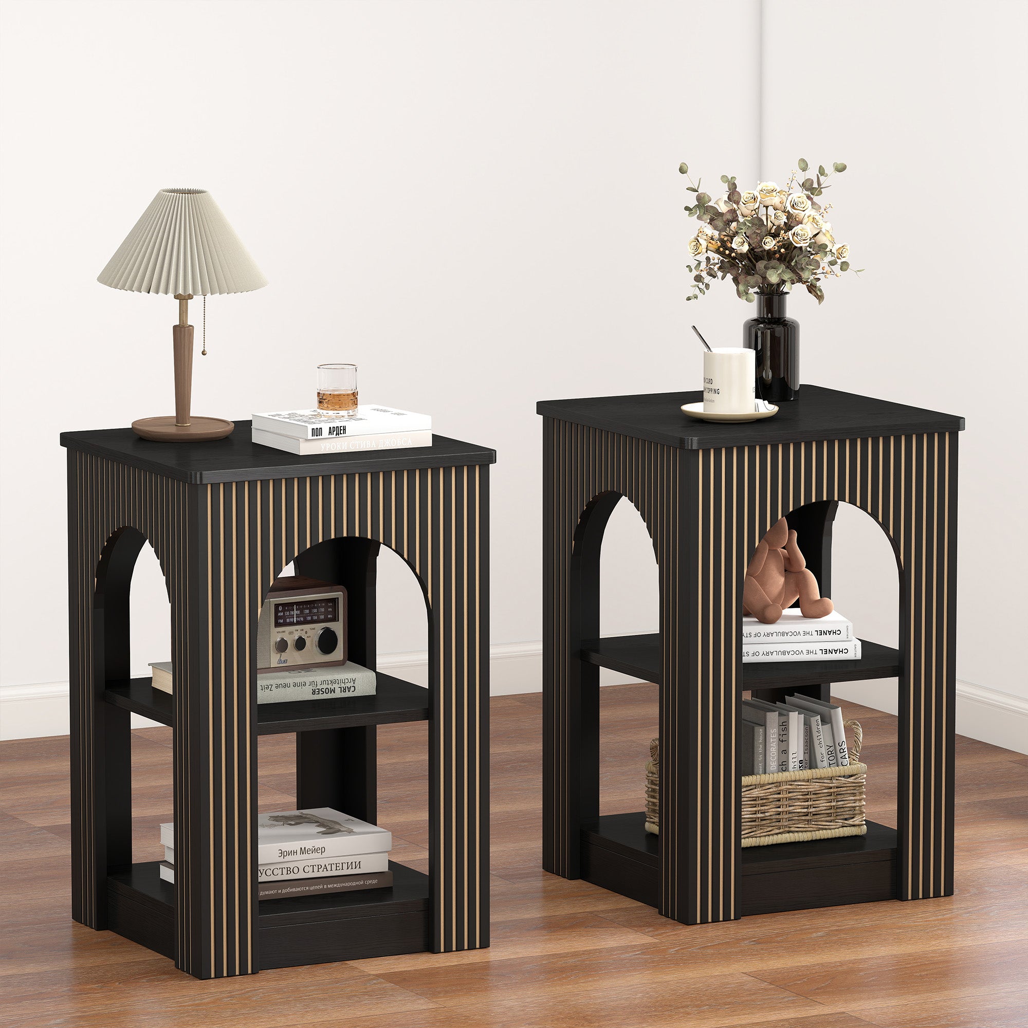 WIRRYTOR Mid-Century Modern End Tables Set of 2, 3-Tier Wooden Side Table with Arch Fluted Design, Accent Sofa Tables for Living Room, Walnut