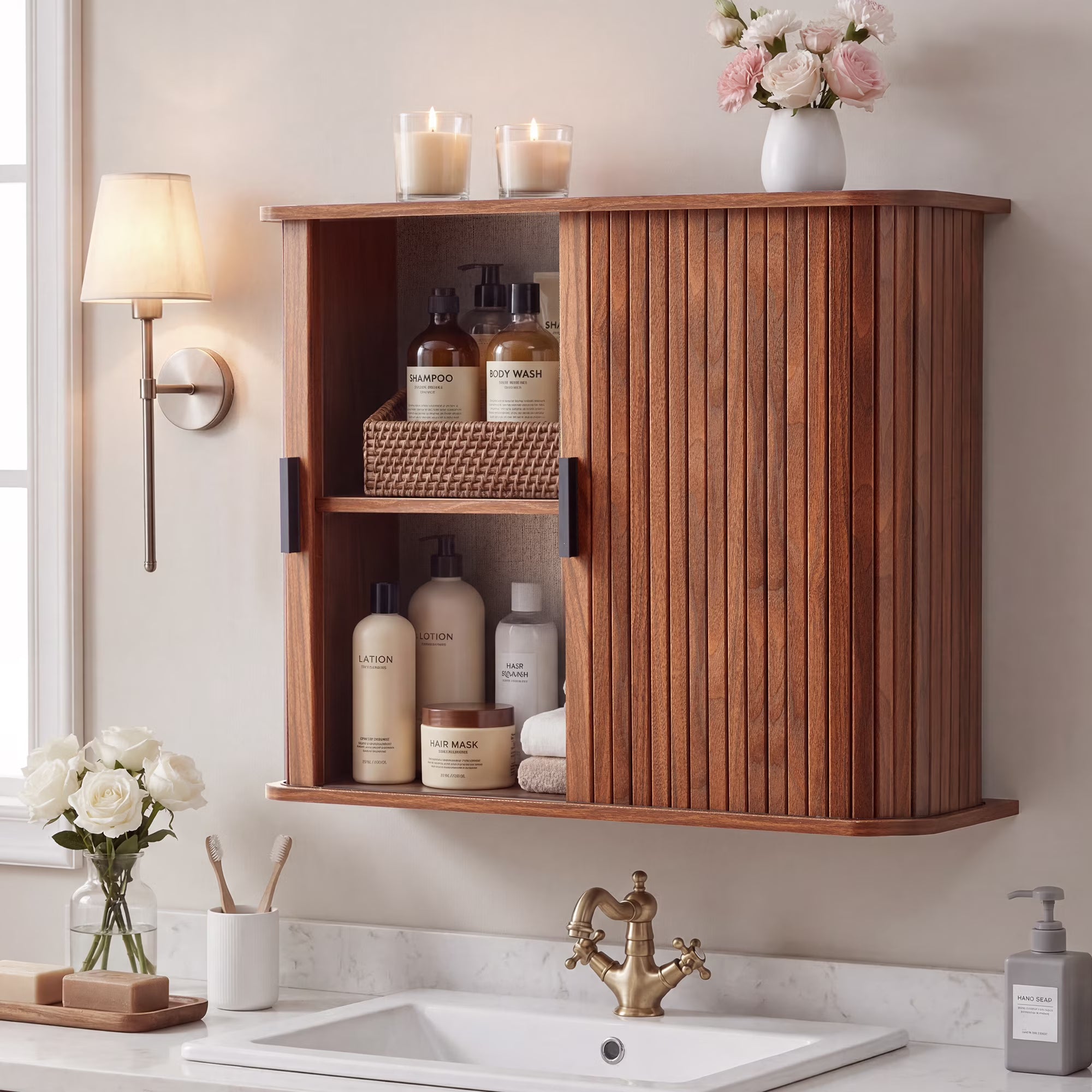 Wirrytor Walnut Fluted Wall Mounted Cabinet With Sliding Doors, 2-Tier Arched Bathroom Wall Cabinet For Over Toilet Storage, Kitchen & Bedroom Organizer