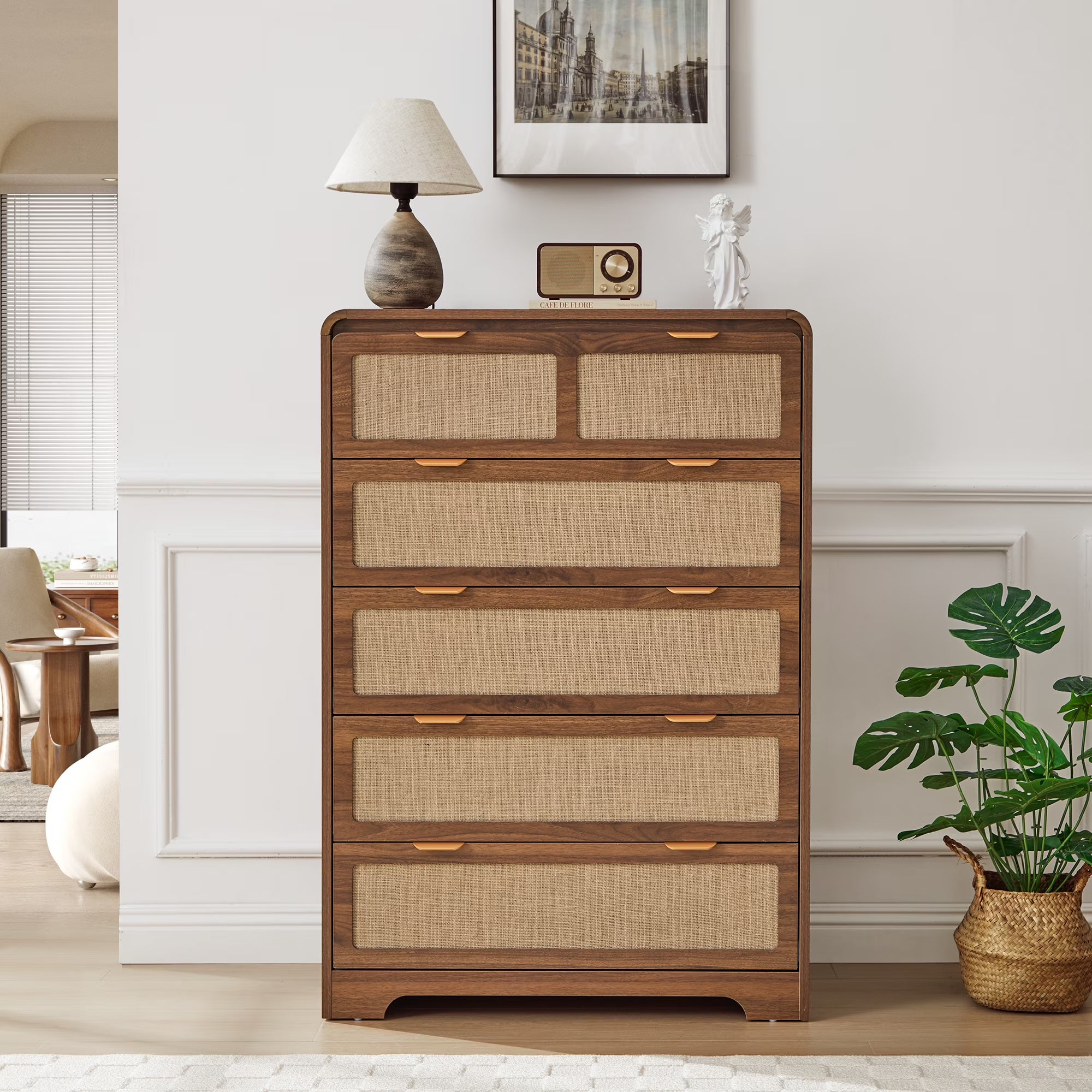 Wirrytor 5-Drawer Linen Dresser Chest With Curved Edge, Walnut Wood Storage Organizer For Bedroom, Anti-Tipping Design, Large Capacity Closet Storage Cabinet For Clothes And Accessories