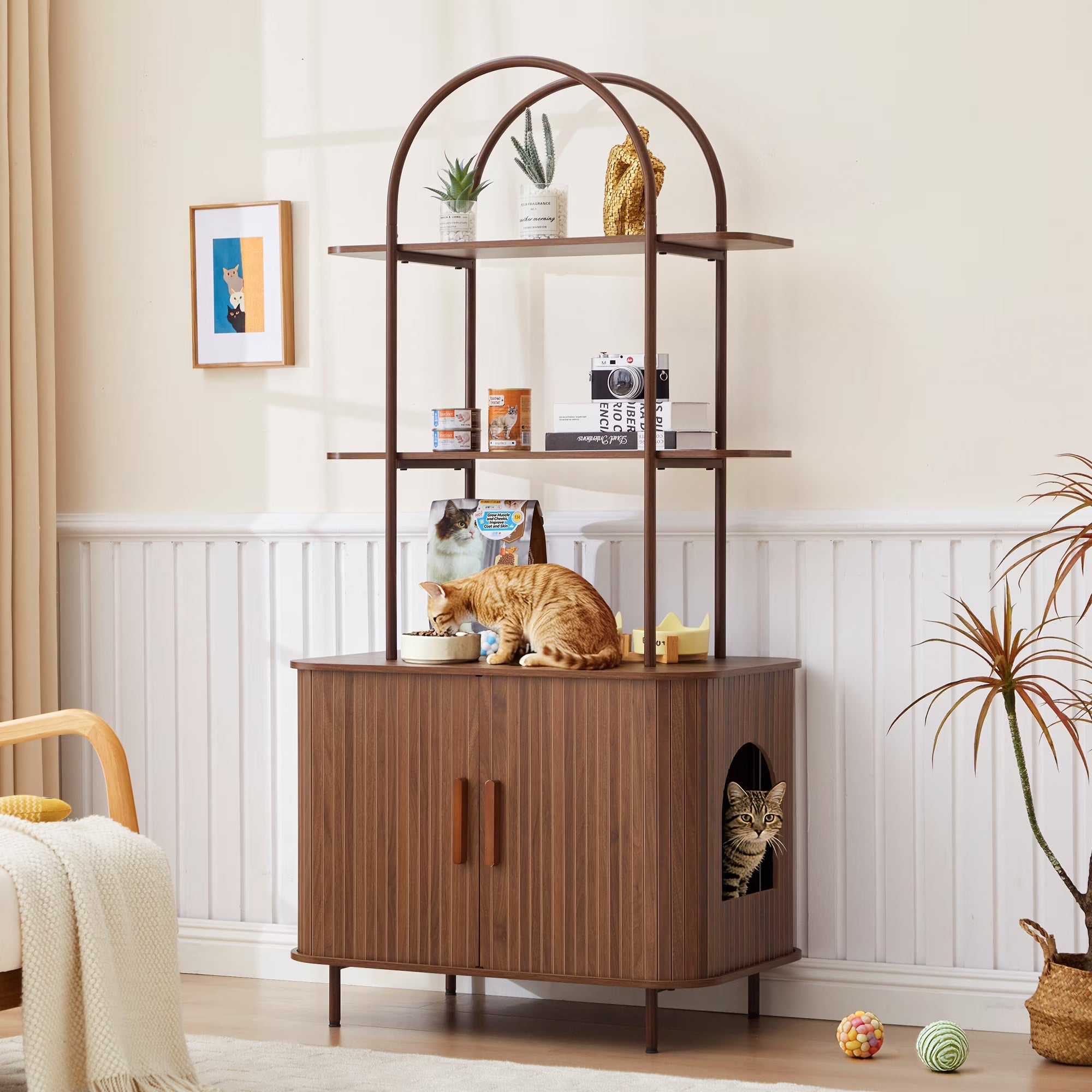 Wirrytor Walnut 63" Tall Cat Litter Box Enclosure With 3-Tier Arched Display Shelves, Sliding Door Hidden Litter Box Furniture, Cat House With Anti-Tipping Design For Home Office