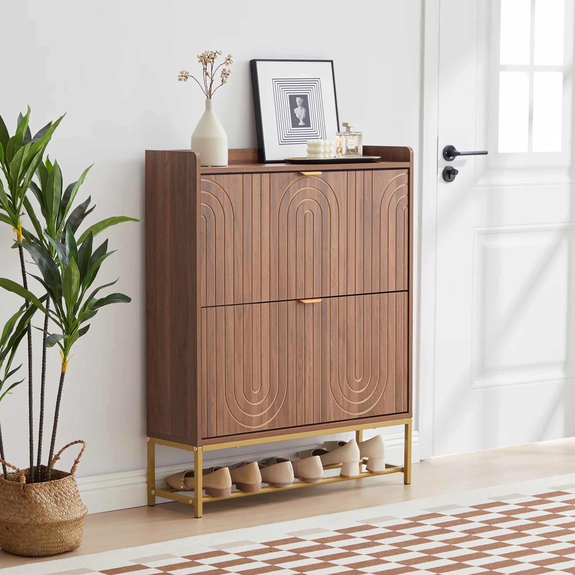 Wirrytor Walnut Carved Line Shoe Cabinet With 2 Flip Drawers, Adjustable Shelves Shoe Storage Organizer, Narrow Entryway Shoe Rack With Anti-Tipping Device For Hallway