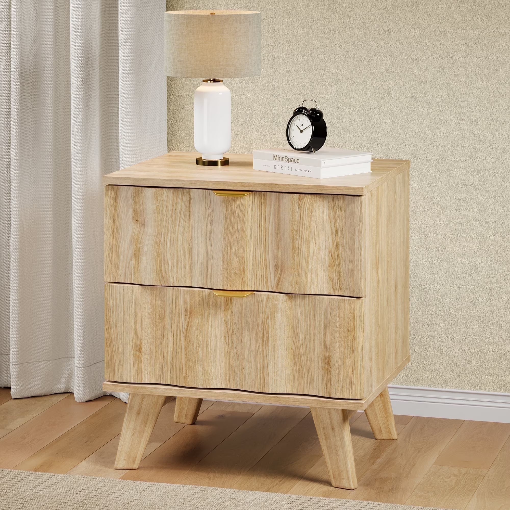 Wirrytor Modern Flutted NightStand with 2 Drawers, Farmhouse Sofa Table with Storage, Bedside Table for Living Room(Natural)
