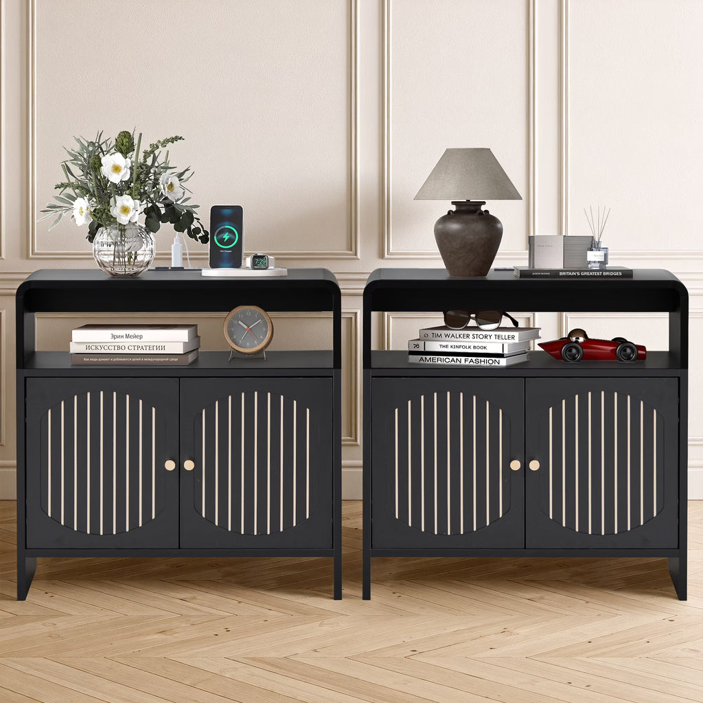 Wirrytor Black 2-Pack Side Tables With Charging Station, Modern Curved Edge End Tables With 2 Doors & Adjustable Shelves, Sleek Nightstands For Bedroom Living Room